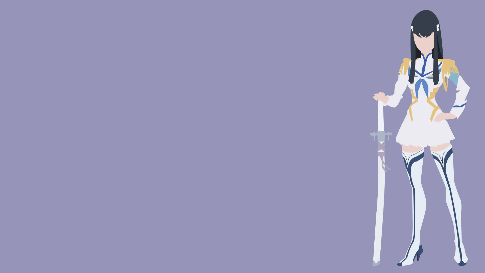 Minimalist Anime 桌布 壁紙 — 一個風格化的動漫女孩穿著白色和藍色的制服，在純薰衣草背景前拿著劍。
