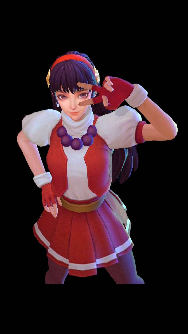 Guinevere 桌布 壁紙 — 一個風格化的動漫女孩穿著紅白相間的服裝，在黑色背景前自信地擺出和平手勢。