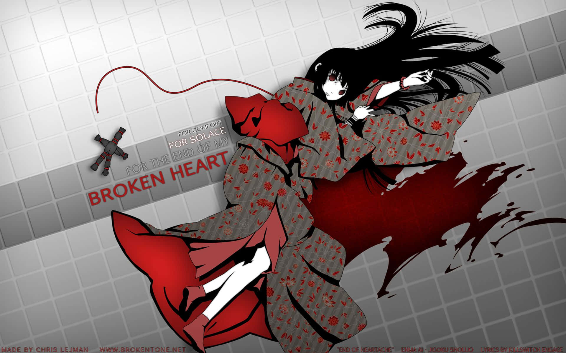 Broken Heart Anime 桌布 壁紙 — 一個風格化的動漫女孩穿著紅色和灰色和服，戲劇性地躺在瓷磚牆上，帶有破碎的心形圖案和文字疊加。
