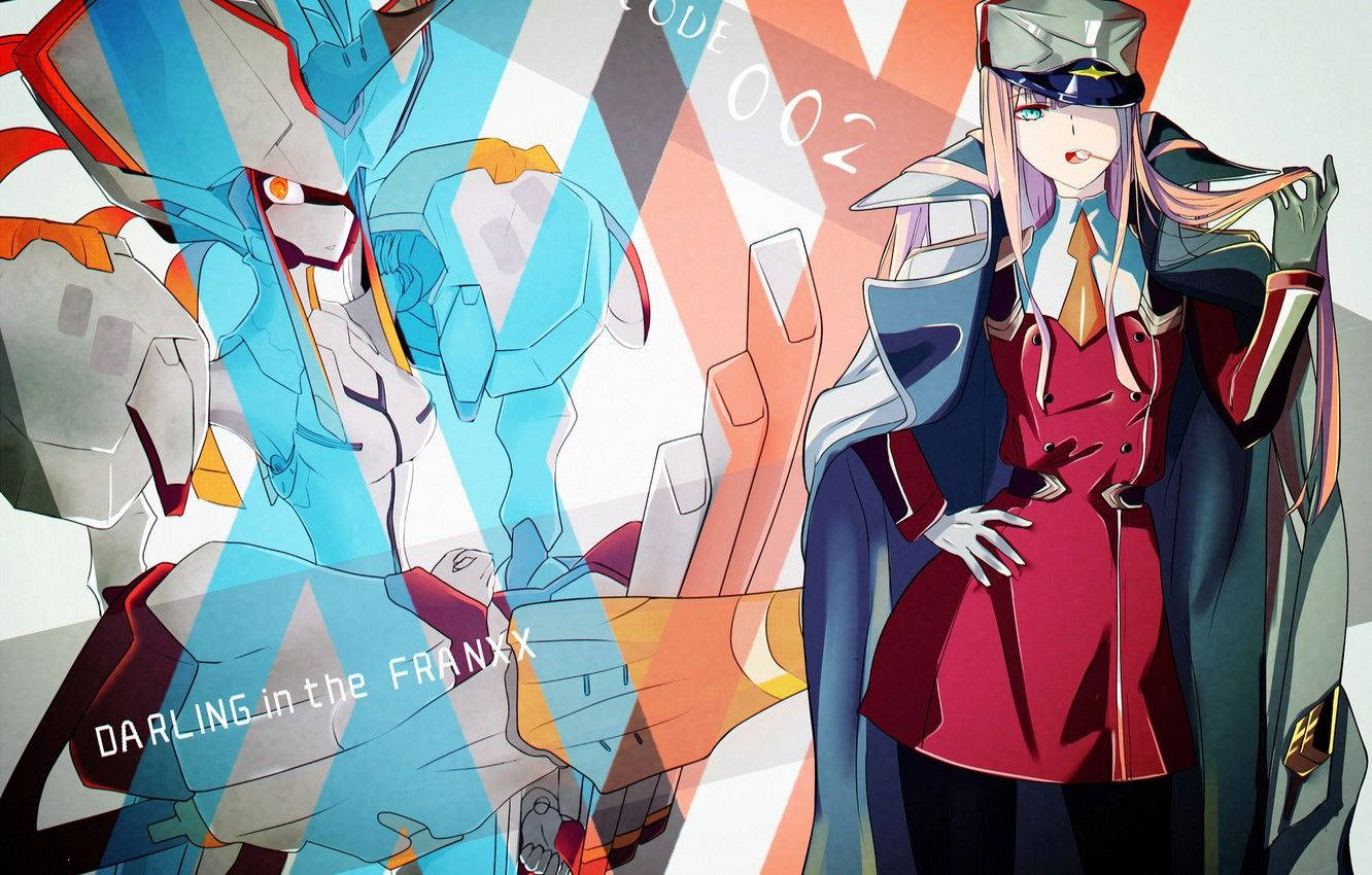 DARLING in the FRANXX 桌布 壁紙 — 一個風格化的動漫女孩穿著紅色外套，站在一個藍白相間的機器人旁邊，幾何光線條紋覆蓋場景。