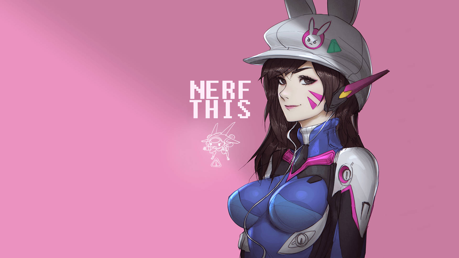 D.Va 桌布 壁紙 — 一個風格化的動漫女孩穿著藍色和粉紅色的兔子主題服裝，在純粉紅色背景上自信地擺姿勢，帶有「NERF THIS」文字。