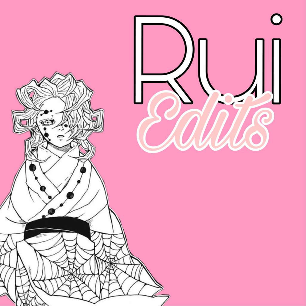 Rui 桌布 壁紙 — 一個風格化的動漫女孩穿著蜘蛛網圖案的和服，坐在純粉紅色背景上，帶有「Rui Edits」文字。