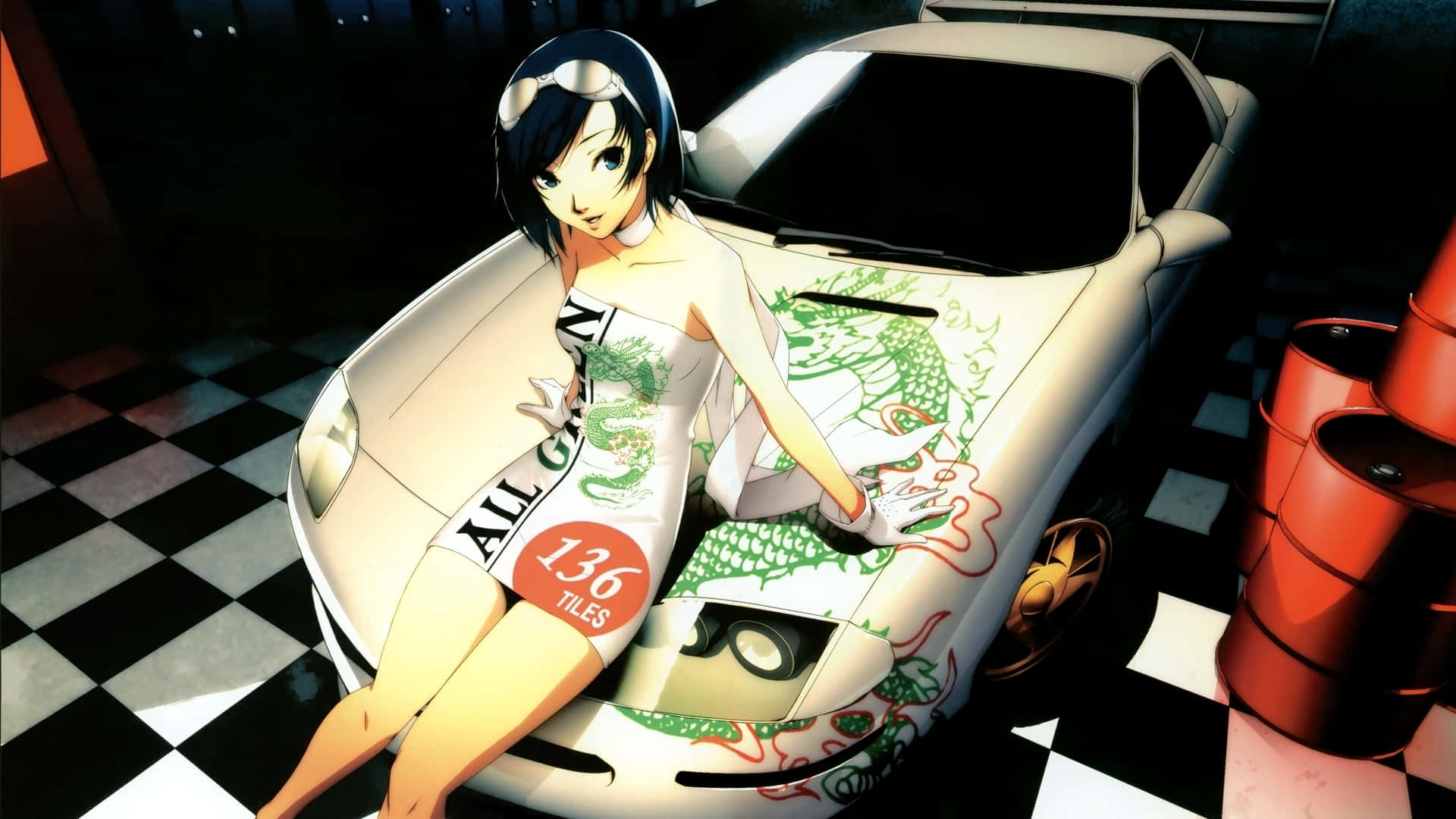 動漫女孩 桌布 壁紙 — 一個風格化的動漫女孩穿著賽車服，靠在帶有綠色龍形貼紙的白色跑車上，地板是棋盤格圖案。
