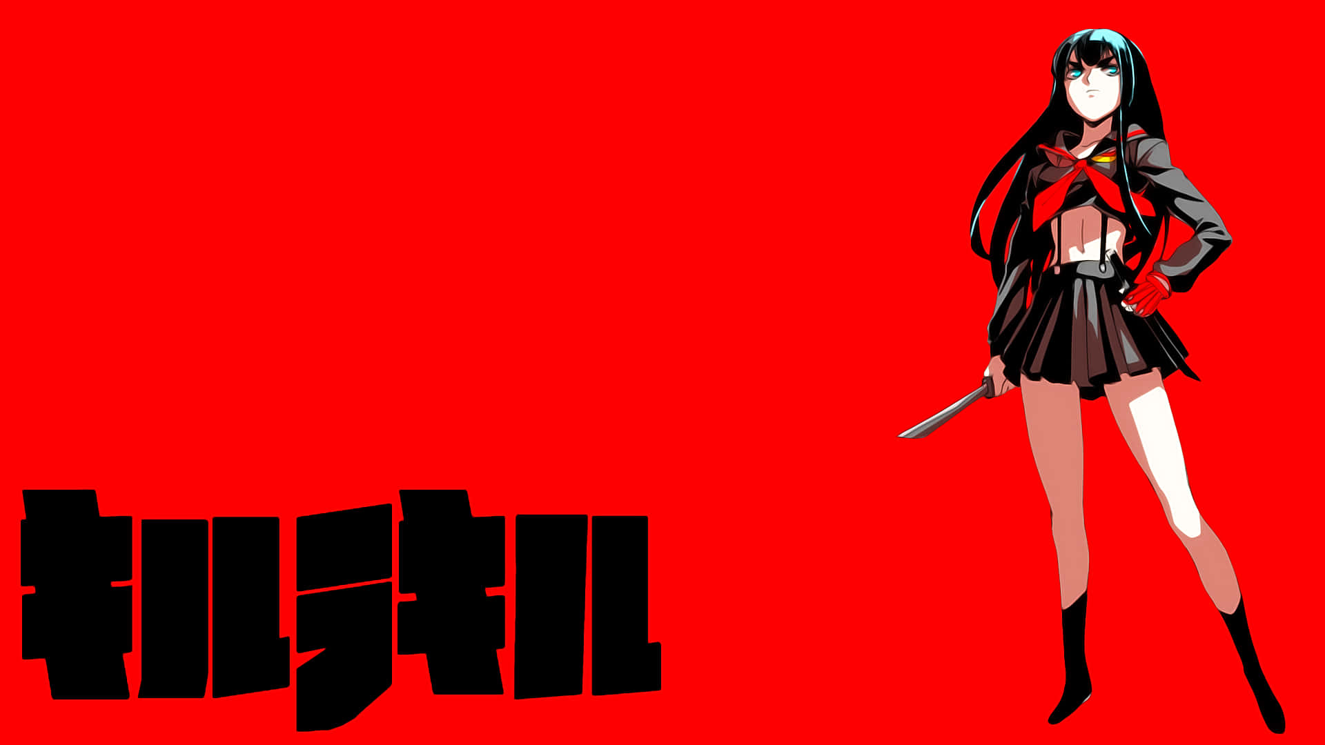 Kill La Kill 桌布 壁紙 — 一個風格化的動漫女孩穿著黑色校服，在帶有日文字樣的醒目紅色背景前拿著一把刀。