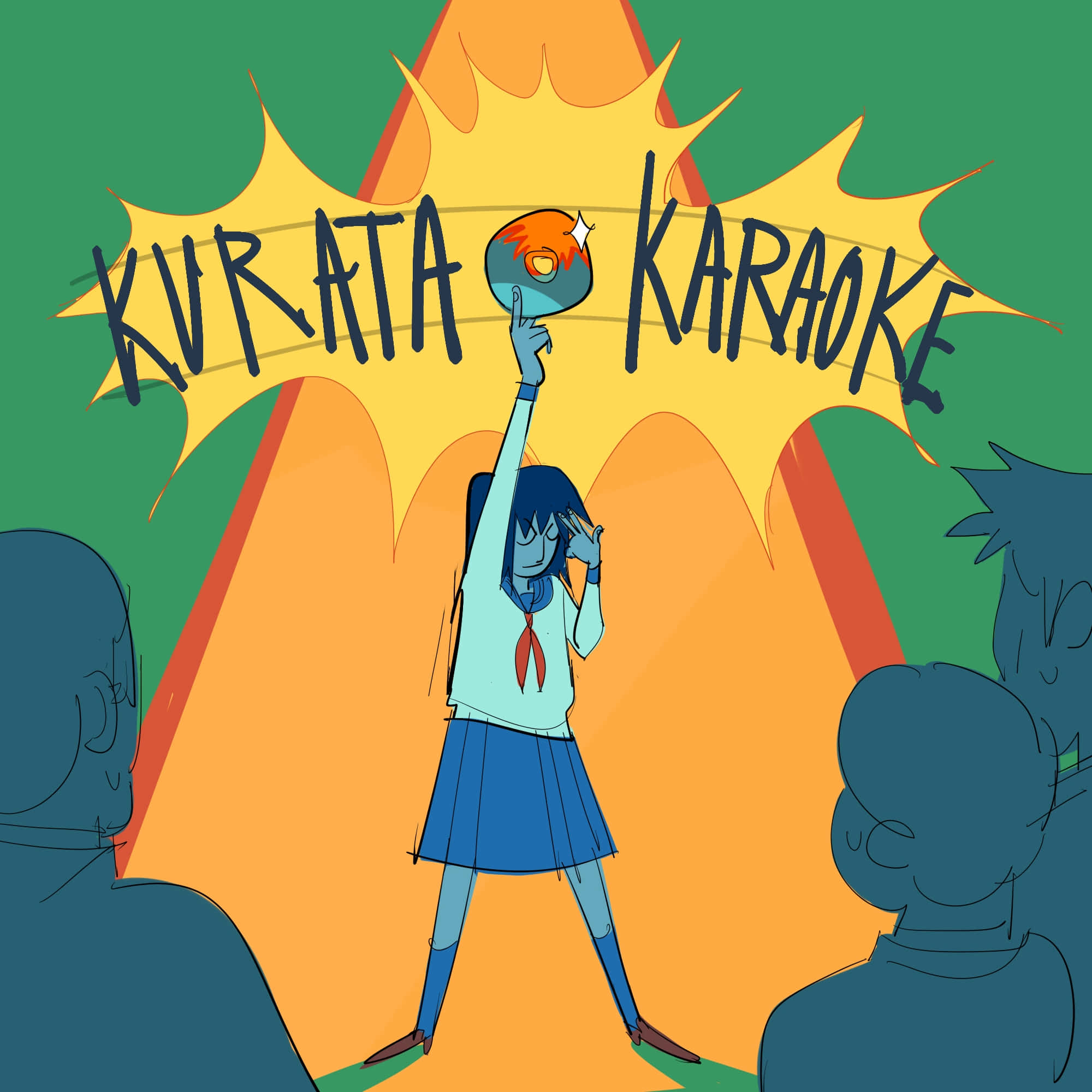 Tome Kurata 桌布 壁紙 — 一個風格化的動漫女學生在明亮的黃色星爆下用麥克風唱卡拉OK。