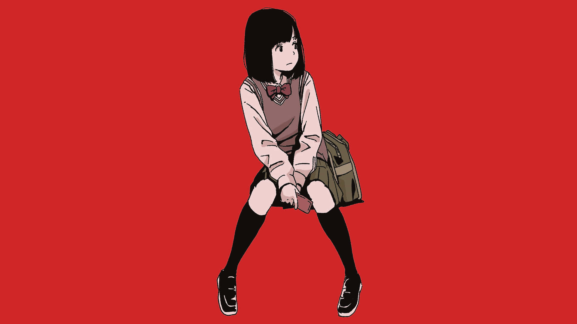桌布 壁紙 — 一個風格化的動漫女學生穿著校服，盤腿坐在大膽的紅色背景前，手持電話。