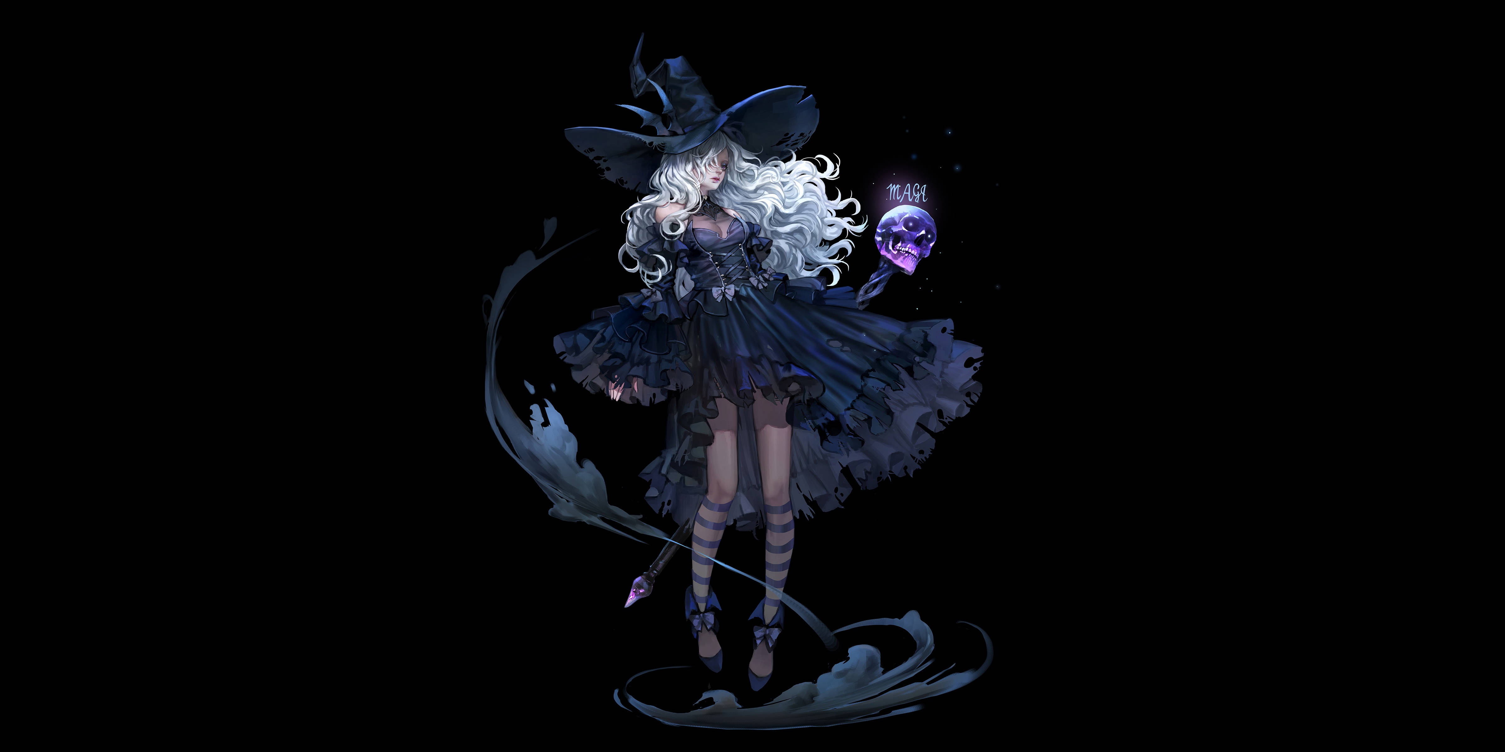 Witchy 桌布 壁紙 — 一個風格化的動漫女巫，擁有飄逸的白髮和黑色荷葉邊連衣裙，在黑暗虛空中施展發光的紫色咒語。