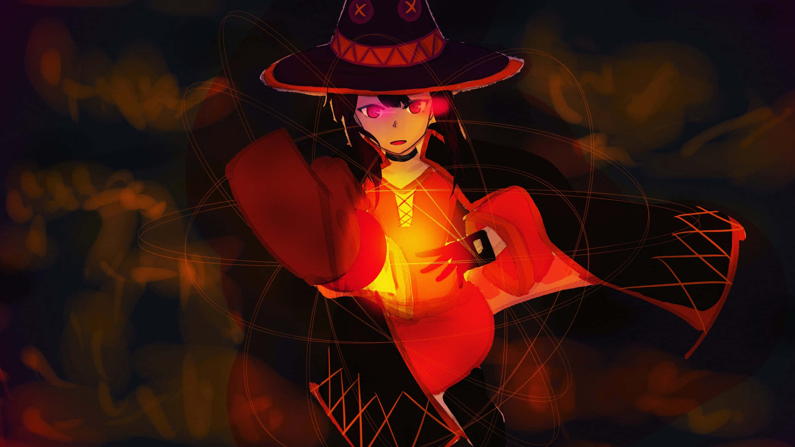 Konosuba 桌布 壁紙 — 一個風格化的動漫女巫，身穿紅色服裝和帽子，在黑暗煙霧背景中施展發光魔法。