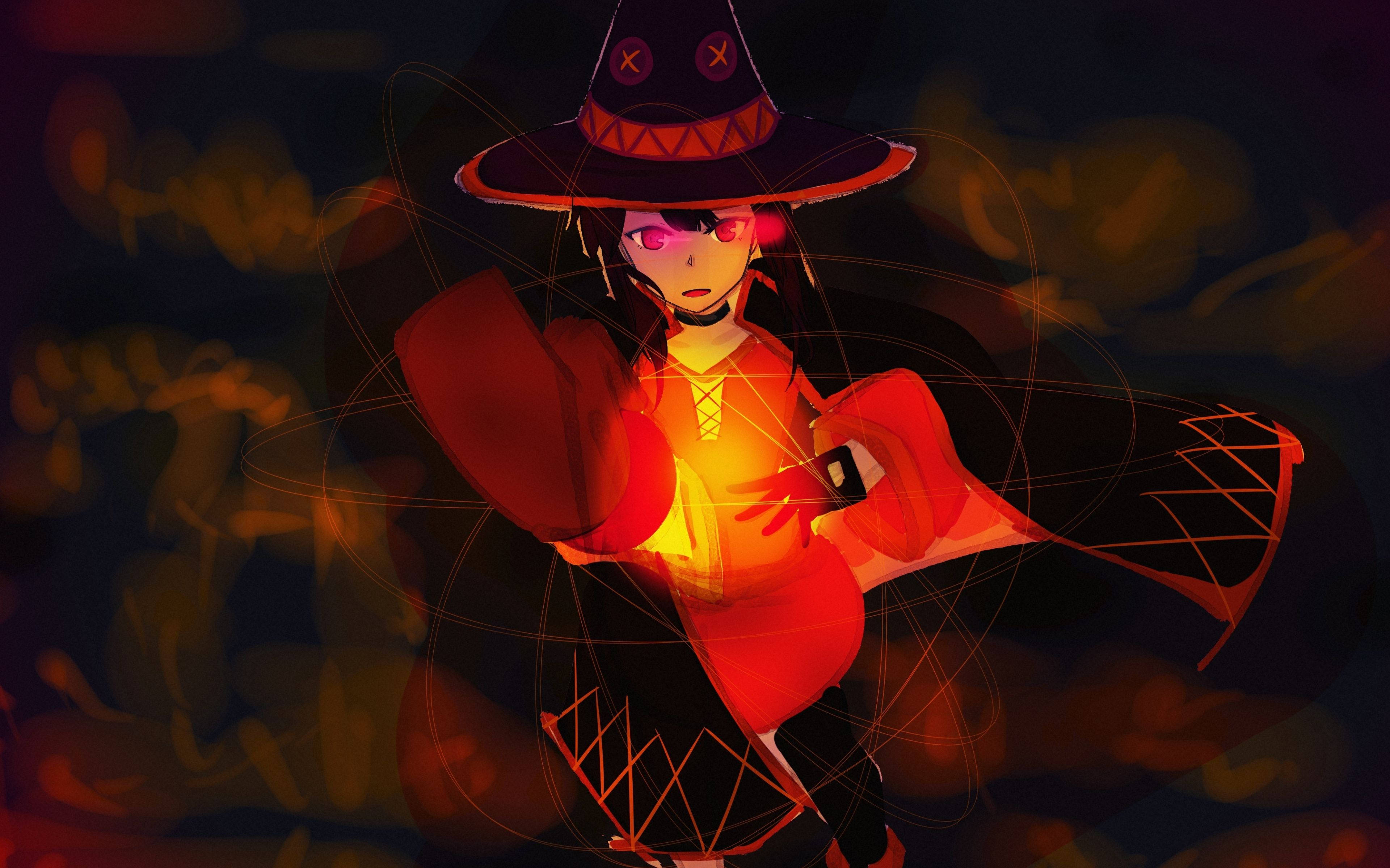Megumin 桌布 壁紙 — 一個風格化的動漫女巫，身穿紅色服裝和帽子，在黑暗煙霧背景中，用發光的眼睛施展發光的魔法。
