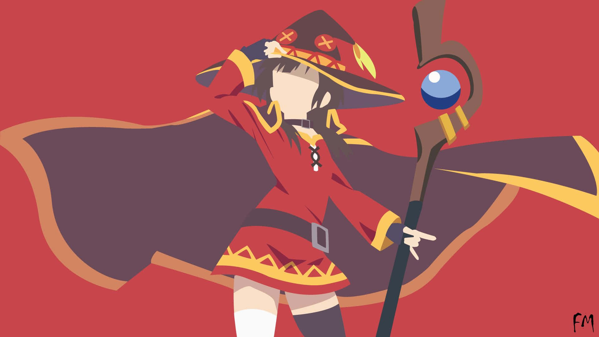 Konosuba God's Blessing On This Wonderful World 桌布 壁紙 — 一個風格化的動漫女巫，身穿紅金長袍，手持帶有發光球體的法杖，背景為純紅色。