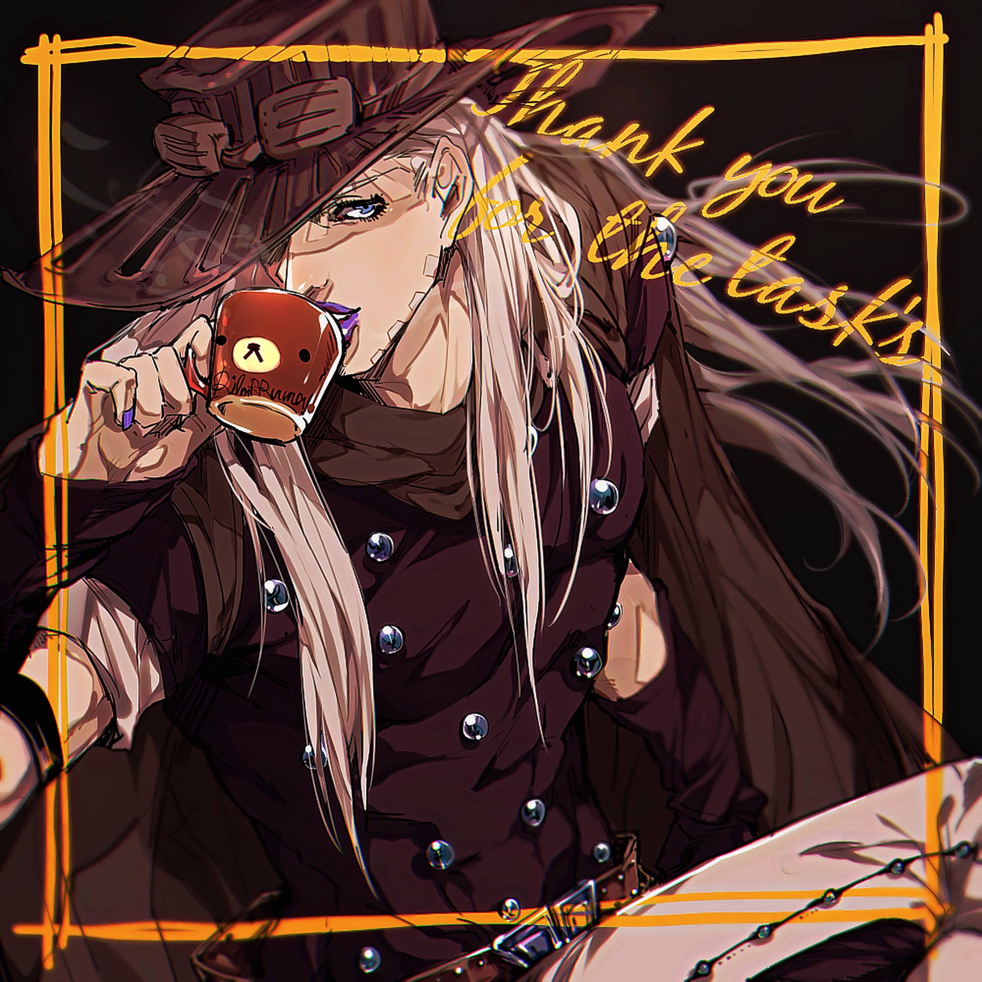 Gyro Zeppeli 桌布 壁紙 — 一個風格化的動漫女巫，長著銀色長髮，在黑暗背景下，從一個被發光黃線框住的紅色杯子中啜飲。