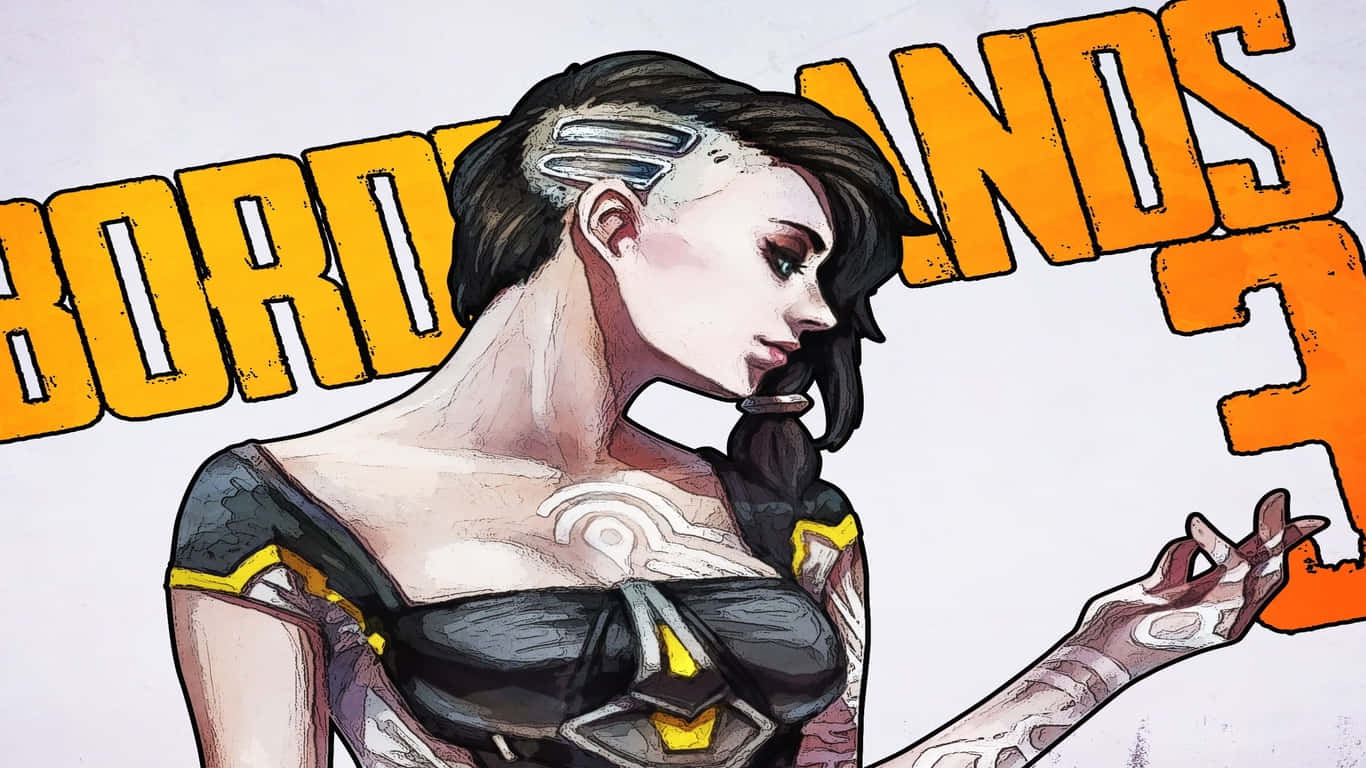 1366x768 Borderlands 3 桌布 壁紙 — 一個風格化的動漫女性，帶有賽博植入物和紋身，在粗體橙色 'Borderlands 3' 文字旁邊擺姿勢。