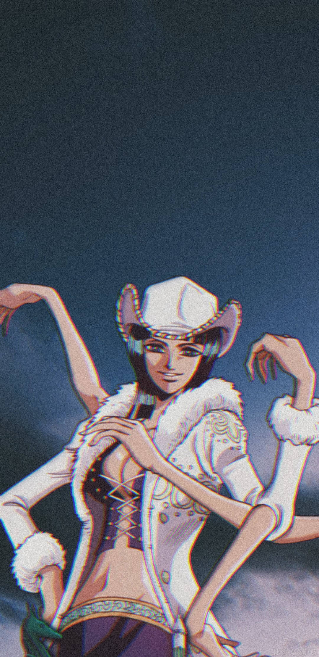 robin 桌布 壁紙 — 一個風格化的動漫女性，戴著白色牛仔帽，穿著毛邊裝飾的服裝，在深藍色的天空下自信地擺姿勢。