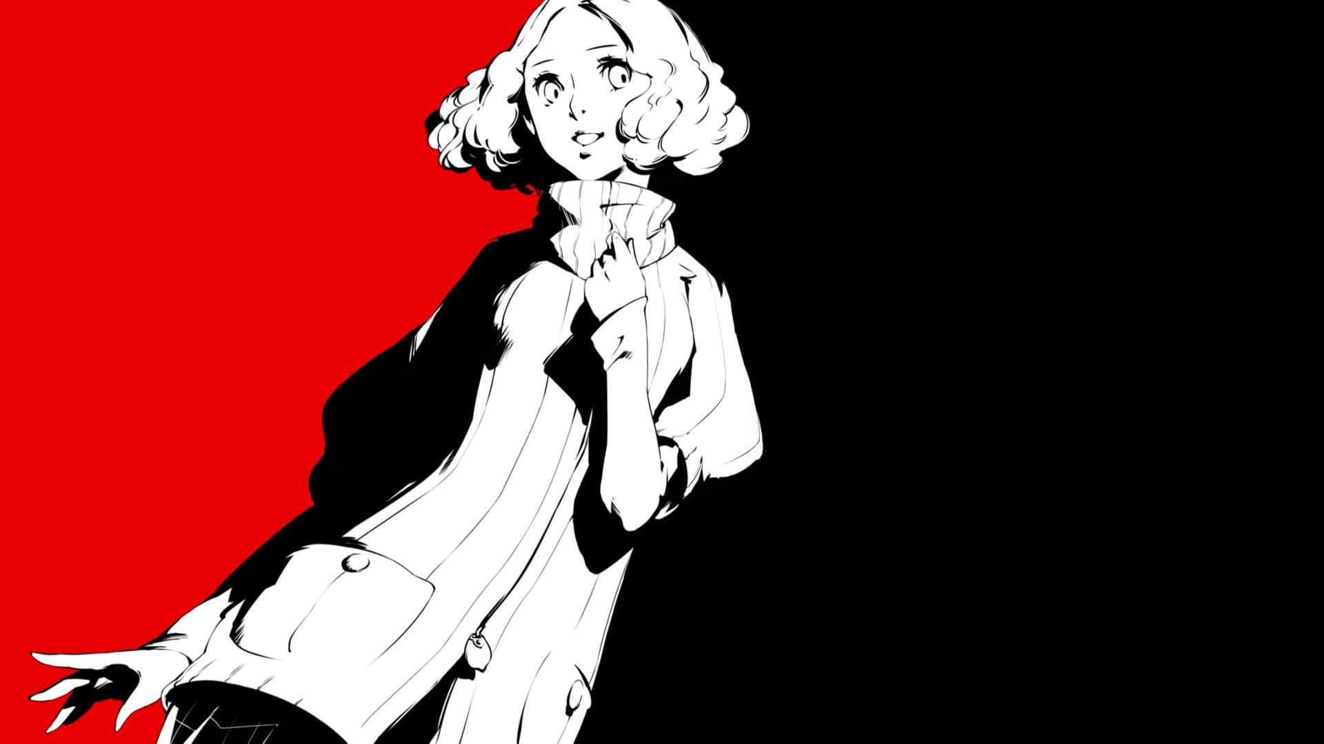 人格面具 桌布 壁紙 — 一個風格化的動漫女性，捲髮，穿著白色外套，站在大膽的紅色和黑色背景前。
