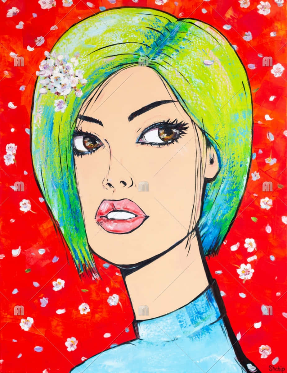 Japanese Pop Art 桌布 壁紙 — 一個風格化的動漫女性，擁有充滿活力的綠色頭髮和櫻花，背景是火紅色的。