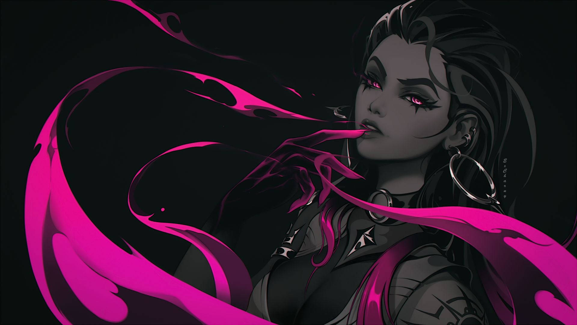 遊戲 桌布 壁紙 — 一個風格化的動漫女性，擁有發光的粉紅色眼睛和流動的洋紅色能量漩渦，背景為深色。