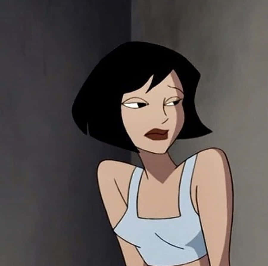 Cartoon Characters 桌布 壁紙 — 一個風格化的動漫女性，短黑髮，身穿淺藍色背心，帶著疲憊的表情靠在灰色牆上。