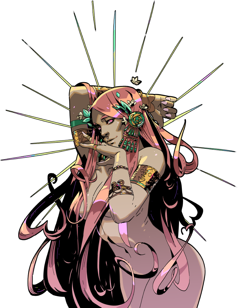電玩遊戲 桌布 壁紙 — 一個風格化的動漫女性，粉紅色頭髮和華麗珠寶，在黑色背景上散發出彩色光束。