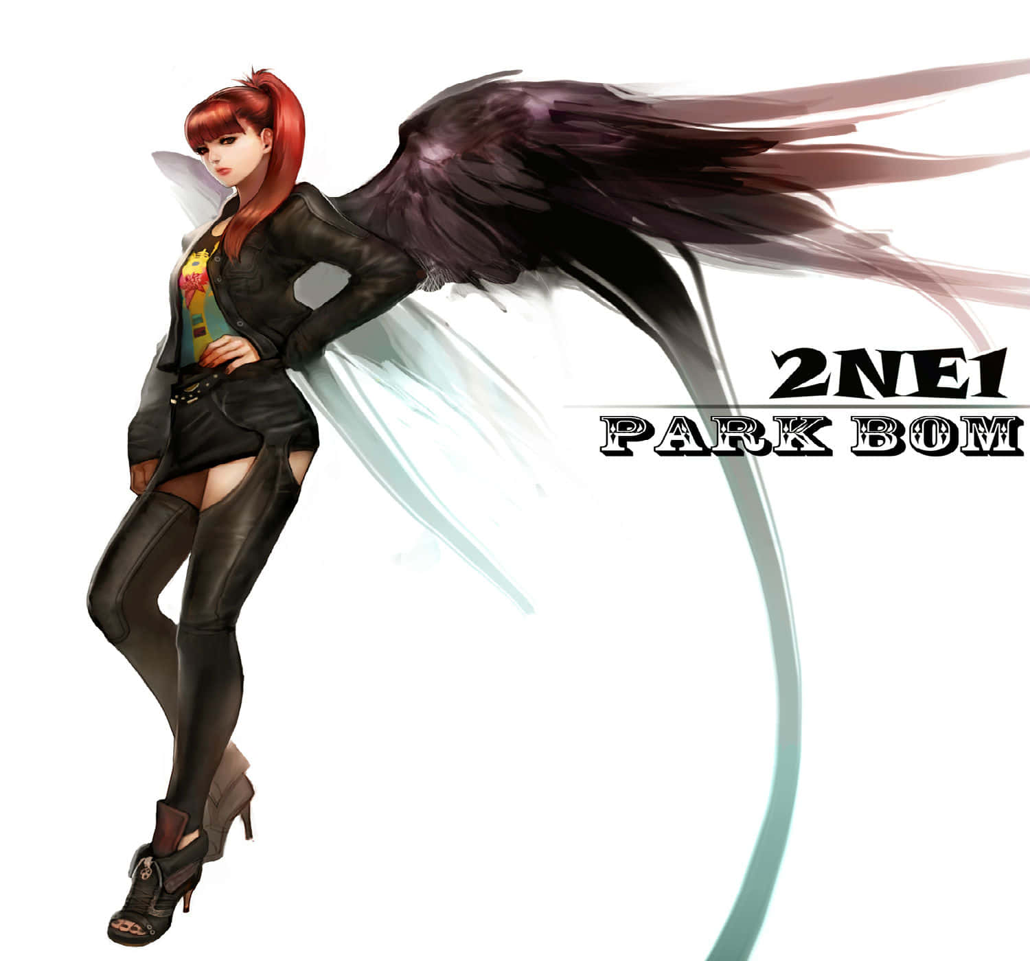 2ne1 桌布 壁紙 — 一個風格化的動漫女性，紅髮黑翼，穿著黑色服裝，在純白背景前自信地擺姿勢。