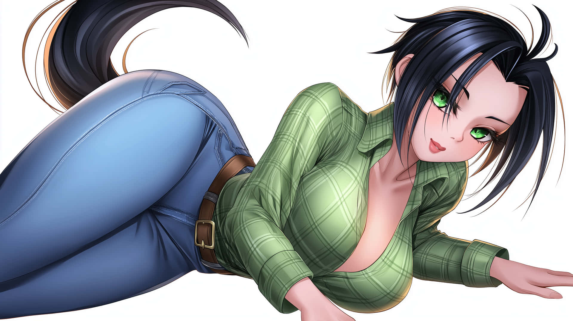 Anime Woman in Plaid Shirt and Jeans on White Background 壁紙 — 一個風格化的動漫女性，綠色眼睛和黑色頭髮，趴著穿著綠色格子襯衫和藍色牛仔褲。