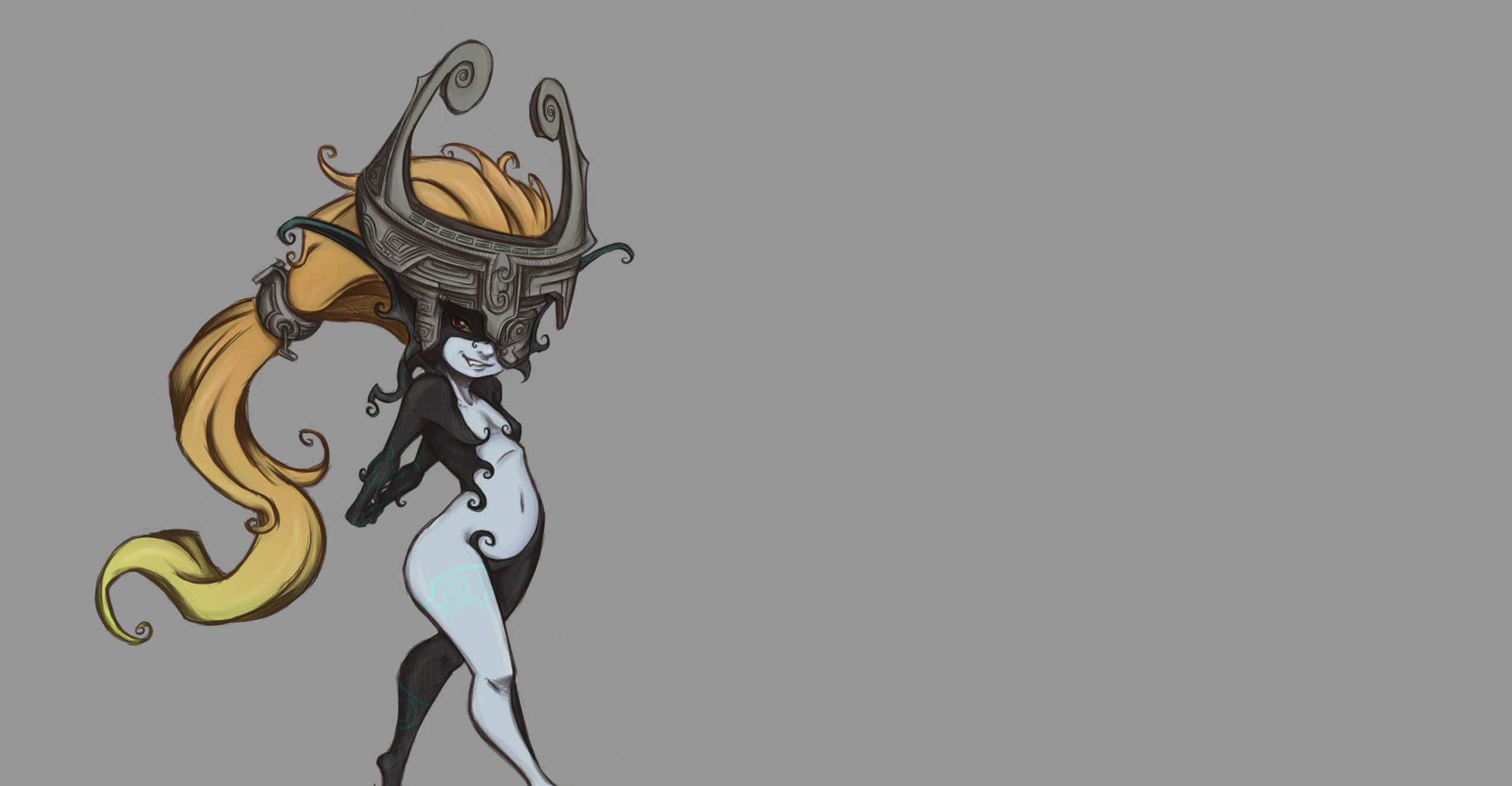 The Legend Of Zelda Midna 桌布 壁紙 — 一個風格化的動漫女性，長長的金色頭髮和華麗的頭盔，站在純灰色的背景前。