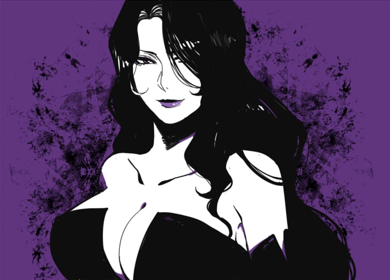 Fullmetal Alchemist Lust 桌布 壁紙 — 一個風格化的動漫女性，長長的黑髮和紫色嘴唇，站在有紋理的紫色背景前。
