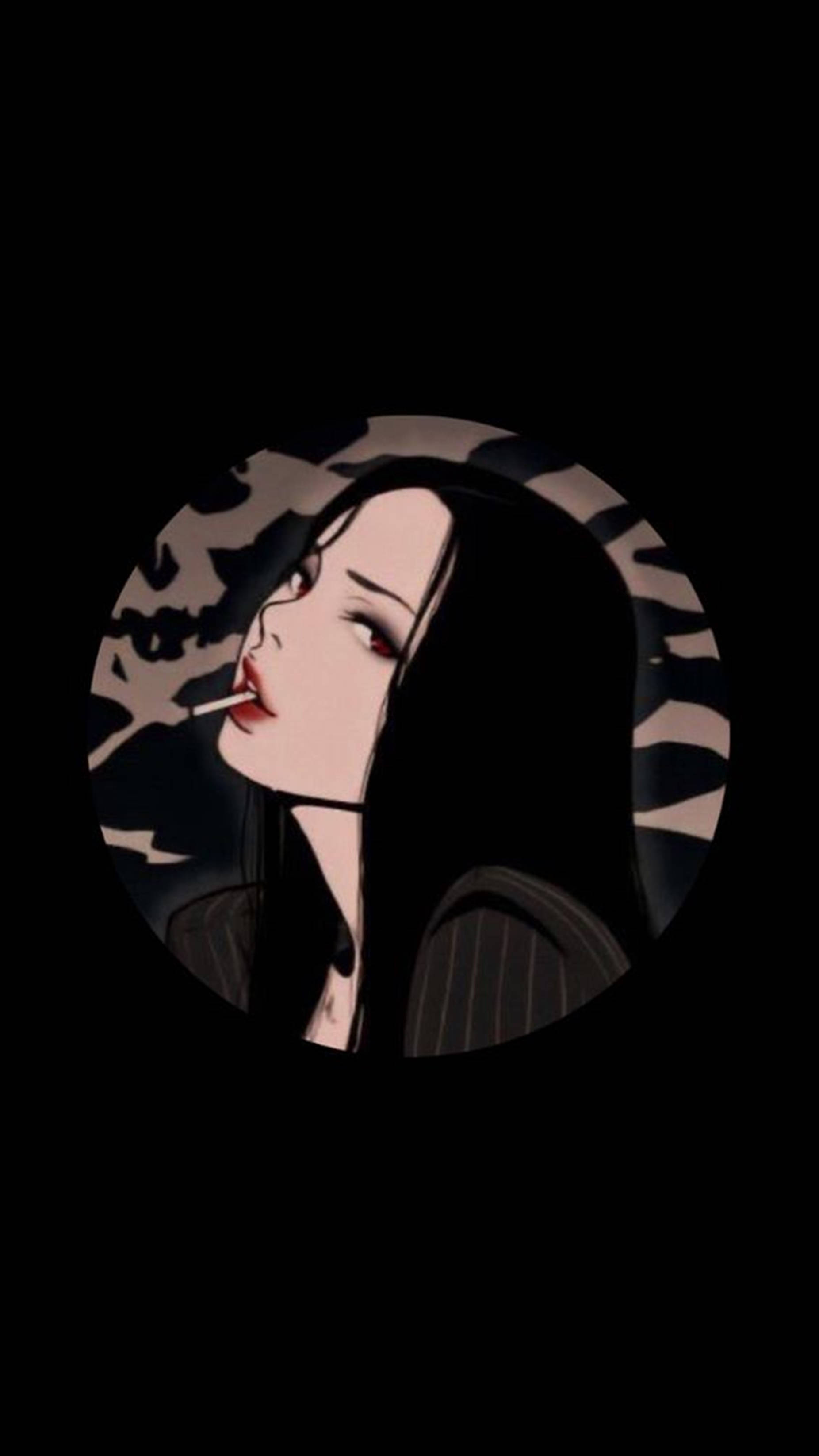 Baddie Pfp 桌布 壁紙 — 一個風格化的動漫女性，長長的黑髮，在黑色背景的圓形框架內抽煙。