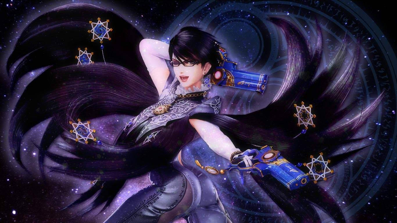 Bayonetta 桌布 壁紙 — 一個風格化的動漫女性，長長的黑髮和星形飾物，漂浮在宇宙星空背景上。