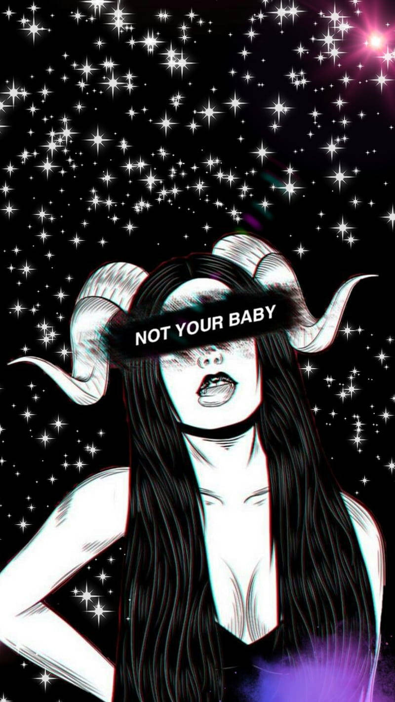Sad Demon Girl 桌布 壁紙 — 一個風格化的動漫女性，頭上有公羊角，戴著眼罩，讀著「not your baby」，站在閃爍的星空夜空前。