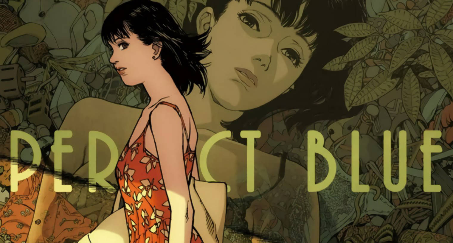satoshi kon 桌布 壁紙 — 一個風格化的動漫女性穿著花卉連衣裙，站在一個幽靈般的雙重身影前，周圍環繞著茂密的樹葉和標題「PERFECT BLUE」。