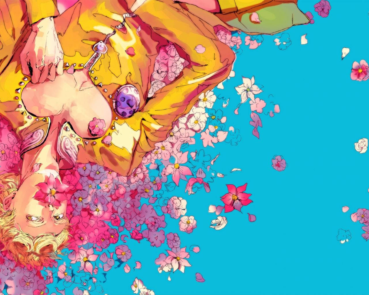 Giorno 桌布 壁紙 — 一個風格化的動漫女性穿著金色服裝，躺在粉紅色和白色花朵的瀑布中，背景是明亮的藍色。