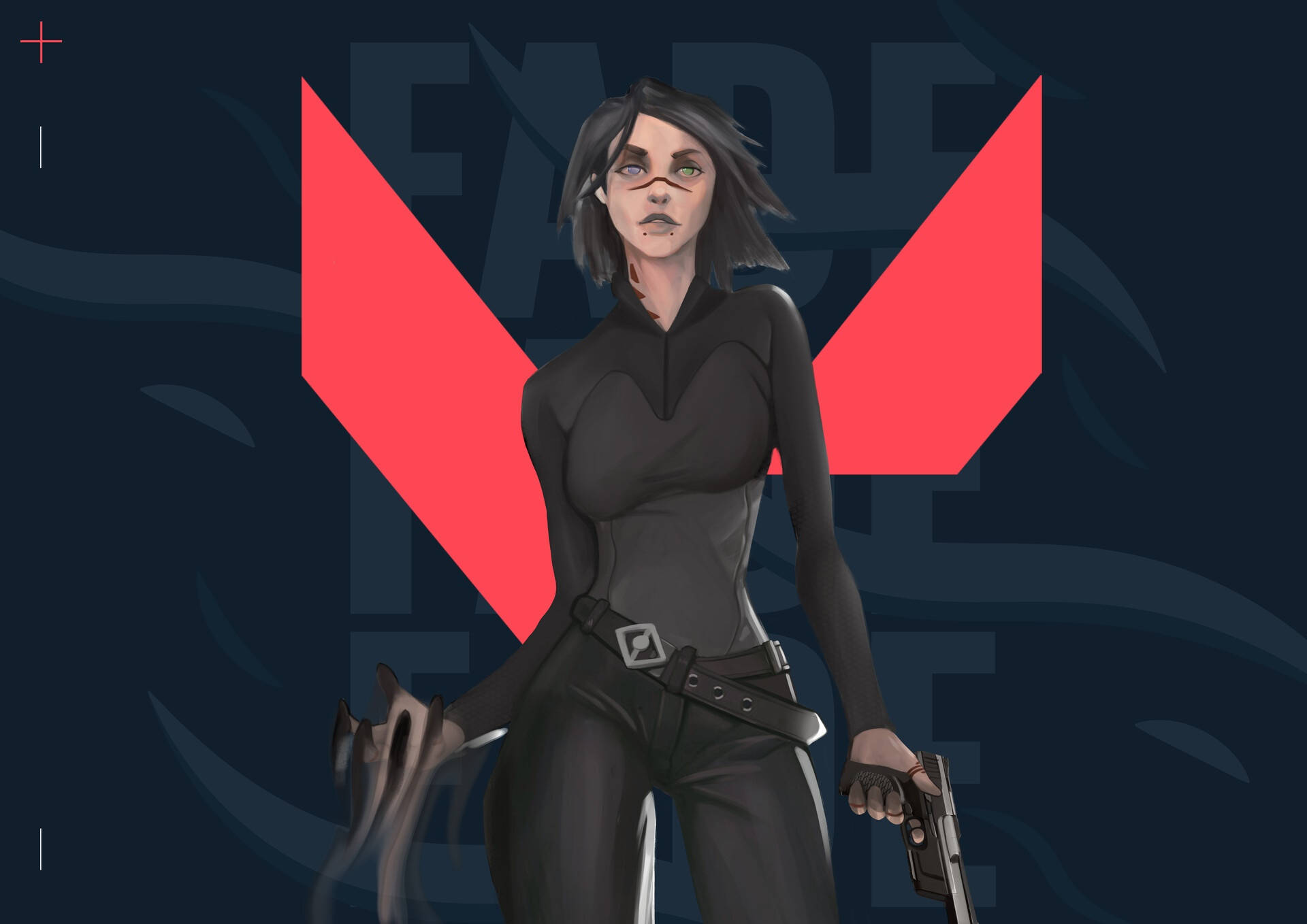 動漫女性穿著黑色戰術服裝，在紅色幾何背景上握著手槍。 — Valorant Logo 壁紙