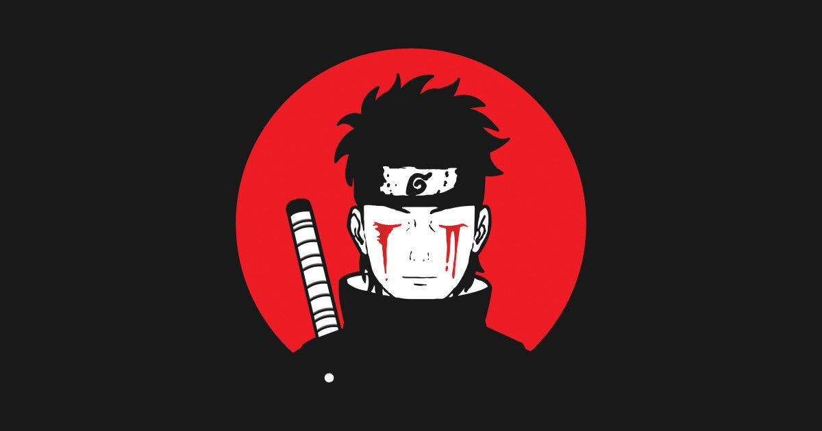 Shisui 桌布 壁紙 — 一個風格化的動漫忍者，帶有紅色淚痕和頭帶，站在一個大膽的紅色圓形背景前，背景為黑色。