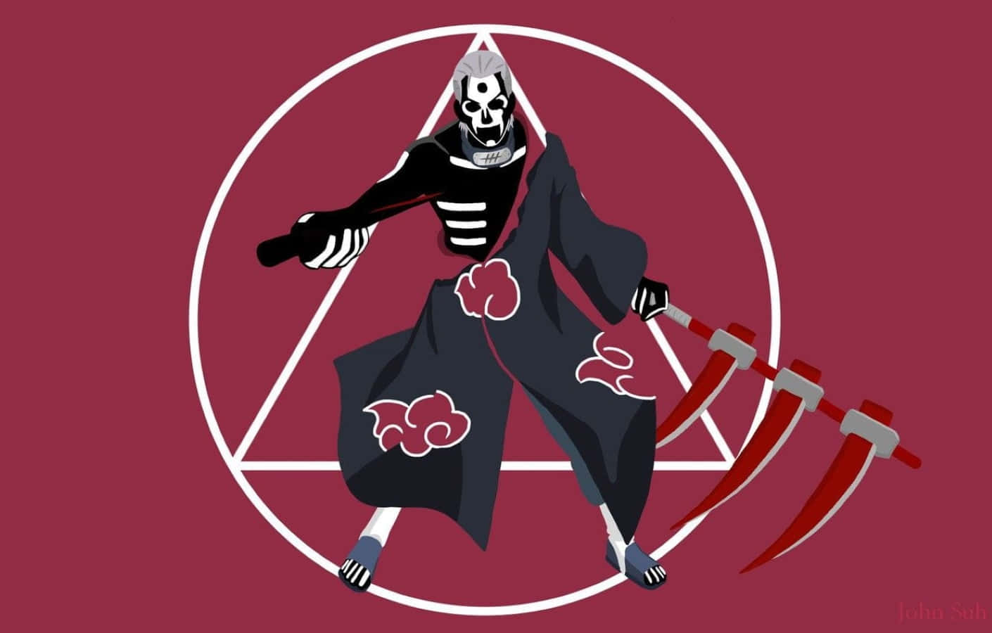 Akatsuki Ninja 桌布 壁紙 — 一個風格化的動漫忍者，戴著骷髏面具和紅色雲朵斗篷，在深紅色背景上的白色三角形圓圈內揮舞著三把鐮刀。