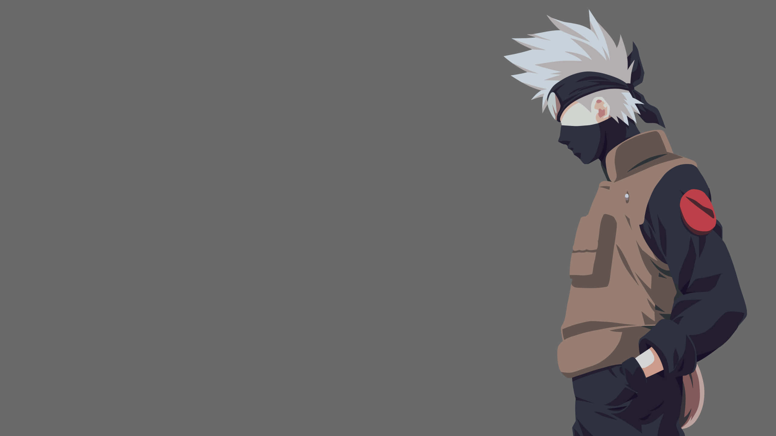 2560x1080 Minimal 桌布 壁紙 — 一個風格化的動漫忍者，擁有尖刺的白髮和黑色面具，側面站立在純灰色背景前。