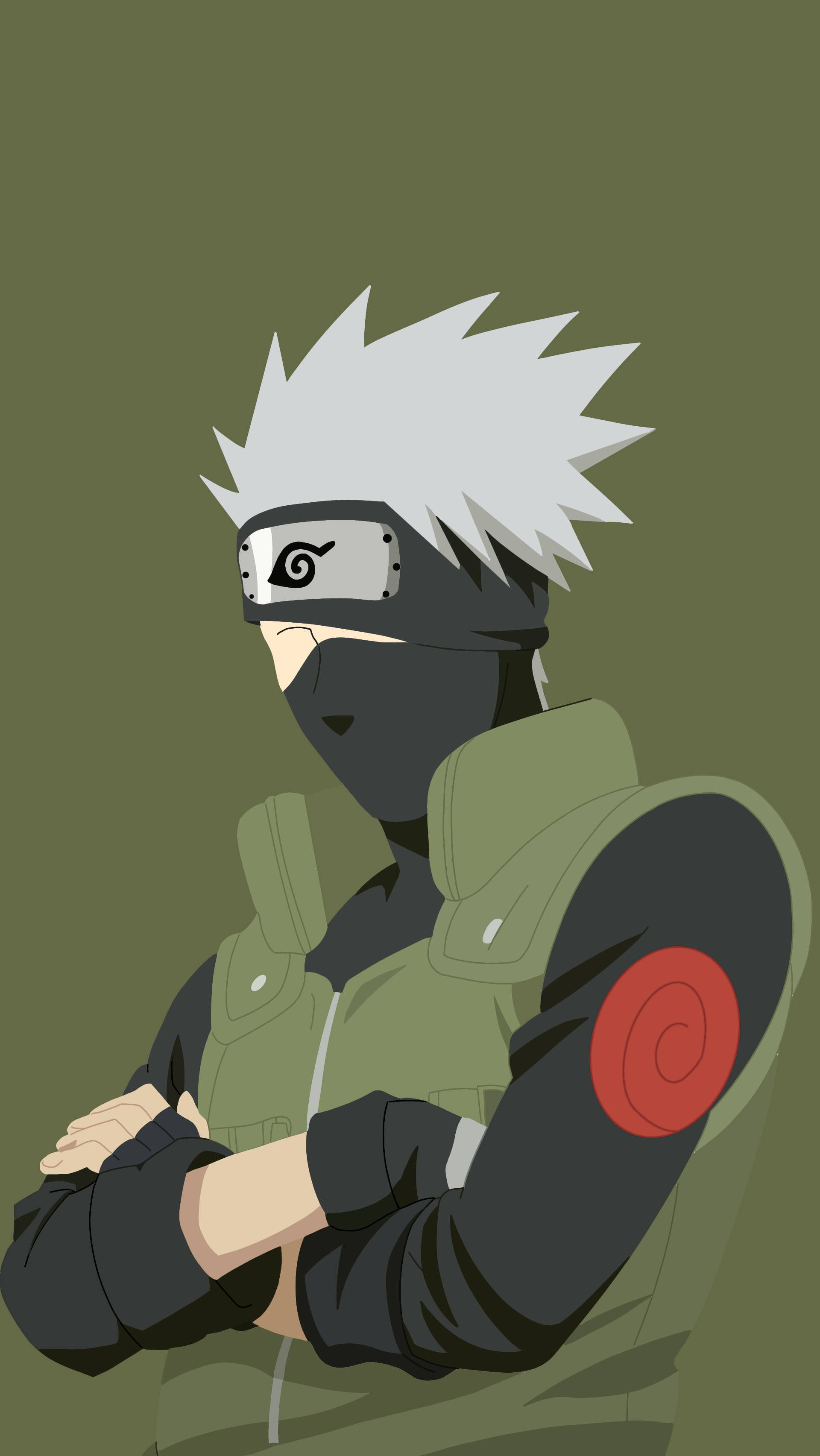 kakashi pfp 桌布 壁紙 — 一個風格化的動漫忍者，擁有尖刺的白髮和面具，自信地交叉雙臂站在純橄欖綠背景前。