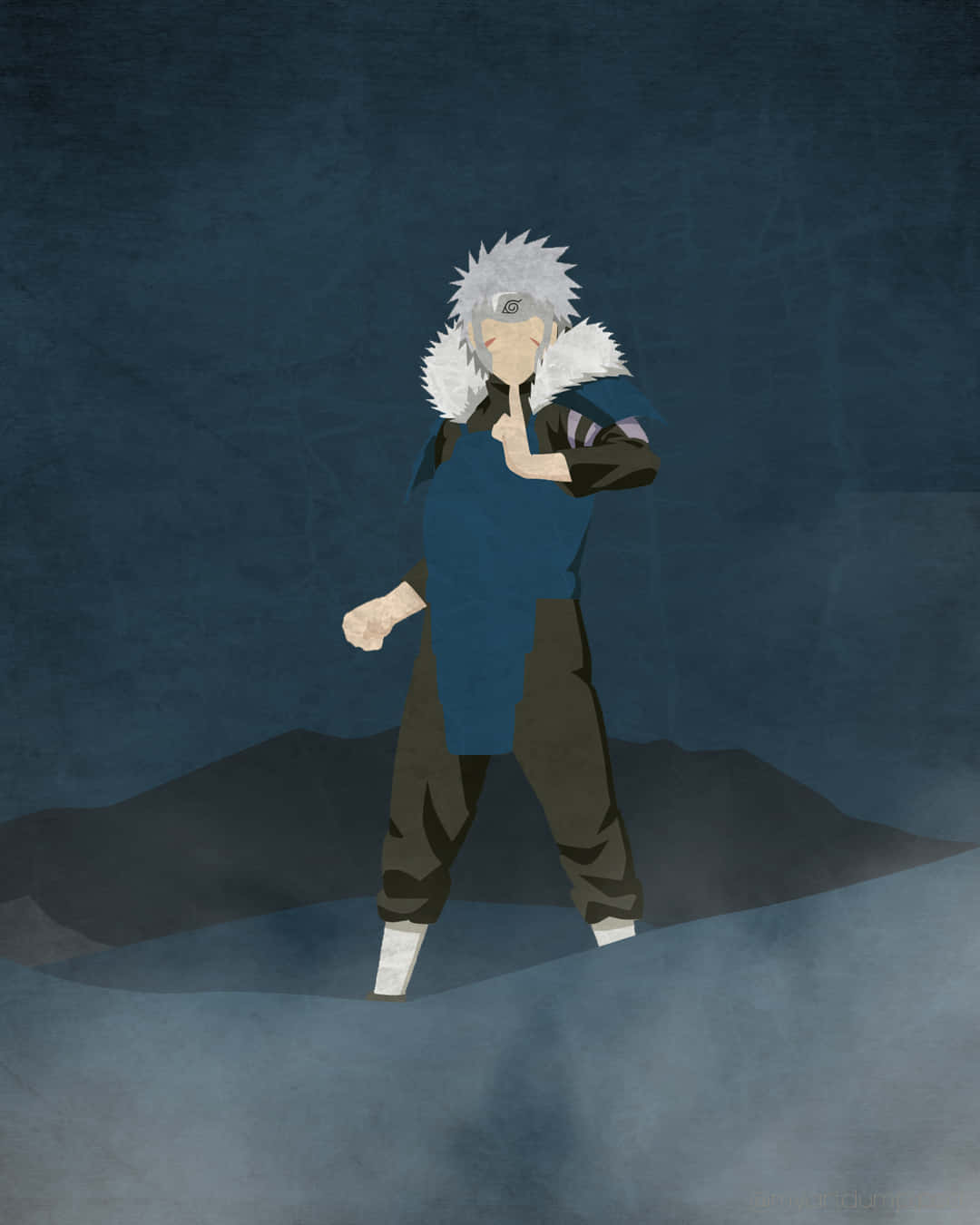 tobirama senju 桌布 壁紙 — 一個風格化的動漫忍者，有著尖刺的白髮和毛皮襯裡的斗篷，在深色紋理背景前擺出戰鬥姿勢。