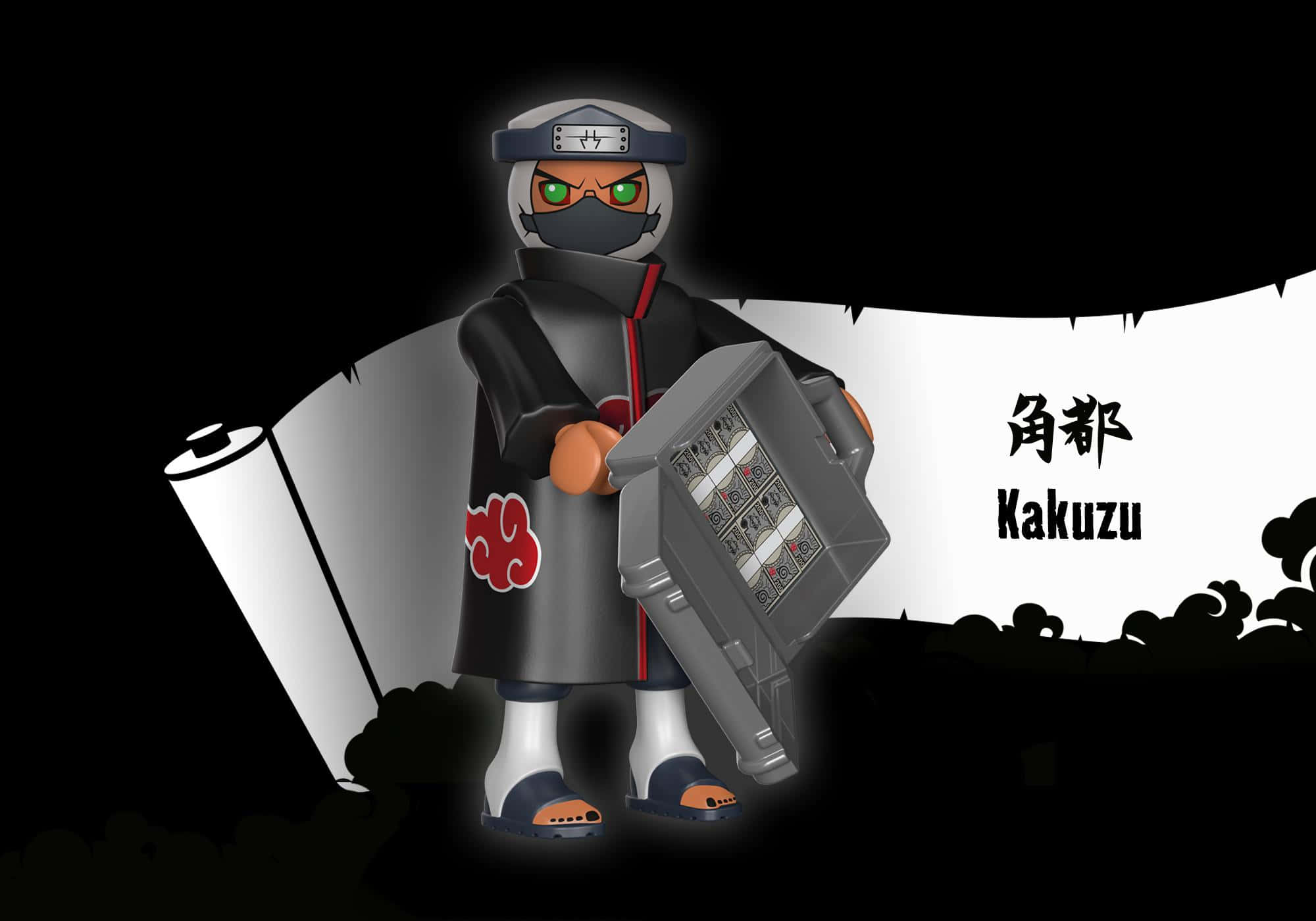 Akatsuki Kakuzu 桌布 壁紙 — 一個風格化的動漫忍者角色，擁有發光的綠色眼睛和黑色斗篷，在帶有日文字樣的深色背景前拿著一個大灰色盒子。