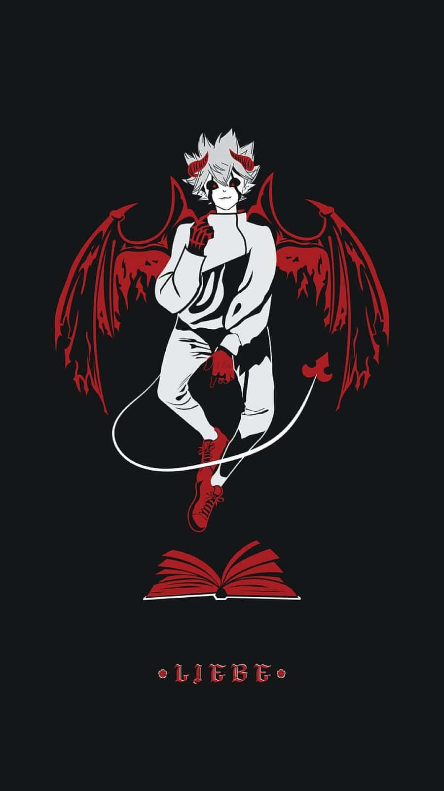 Black Clover Anime 桌布 壁紙 — 一個風格化的動漫惡魔，擁有紅色翅膀和白色頭髮，站在一本打開的書上，背景為黑色。