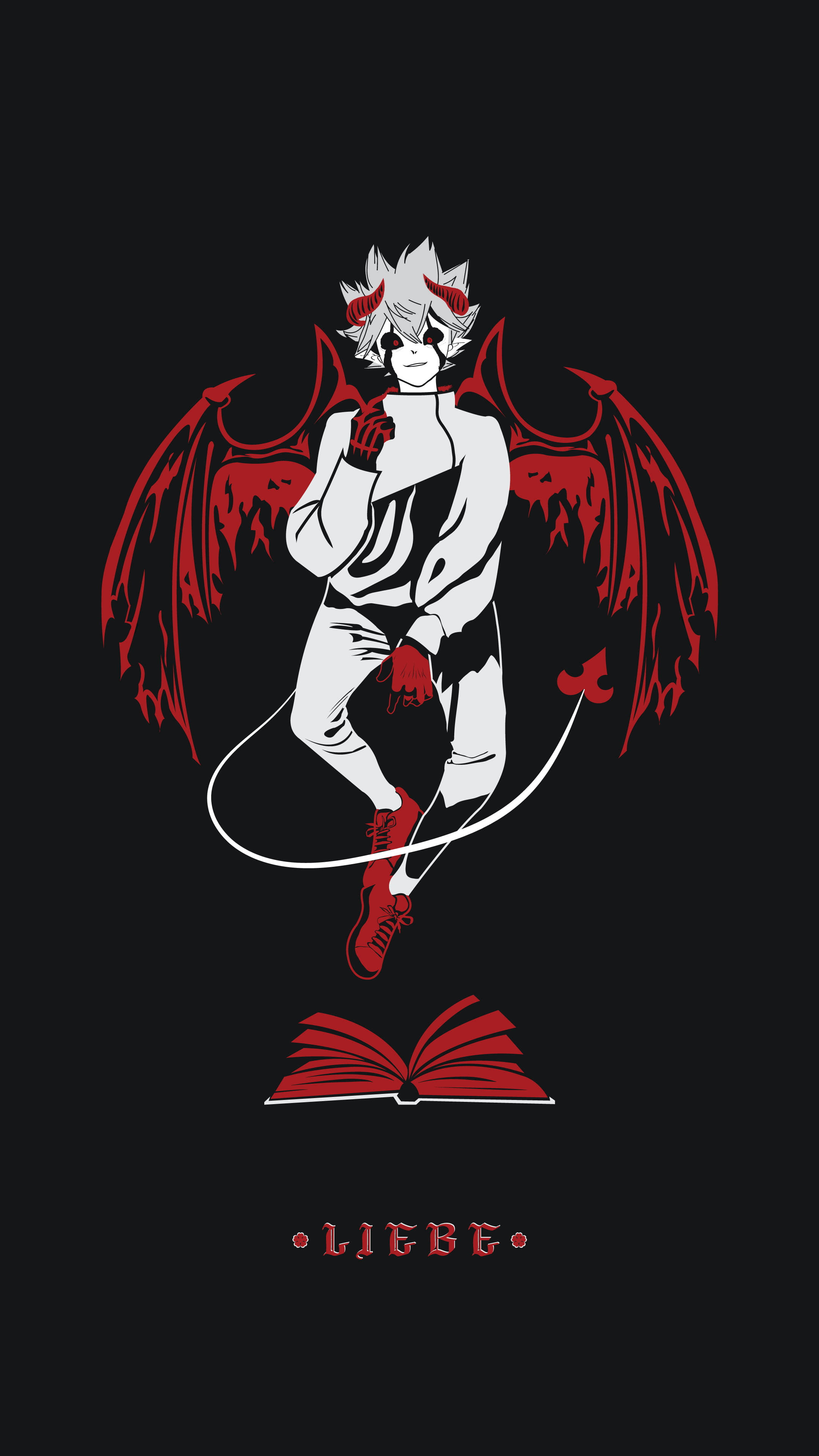 惡魔男孩 桌布 壁紙 — 一個風格化的動漫惡魔，有紅色翅膀和白髮，站在一本打開的書上，背景是黑色。