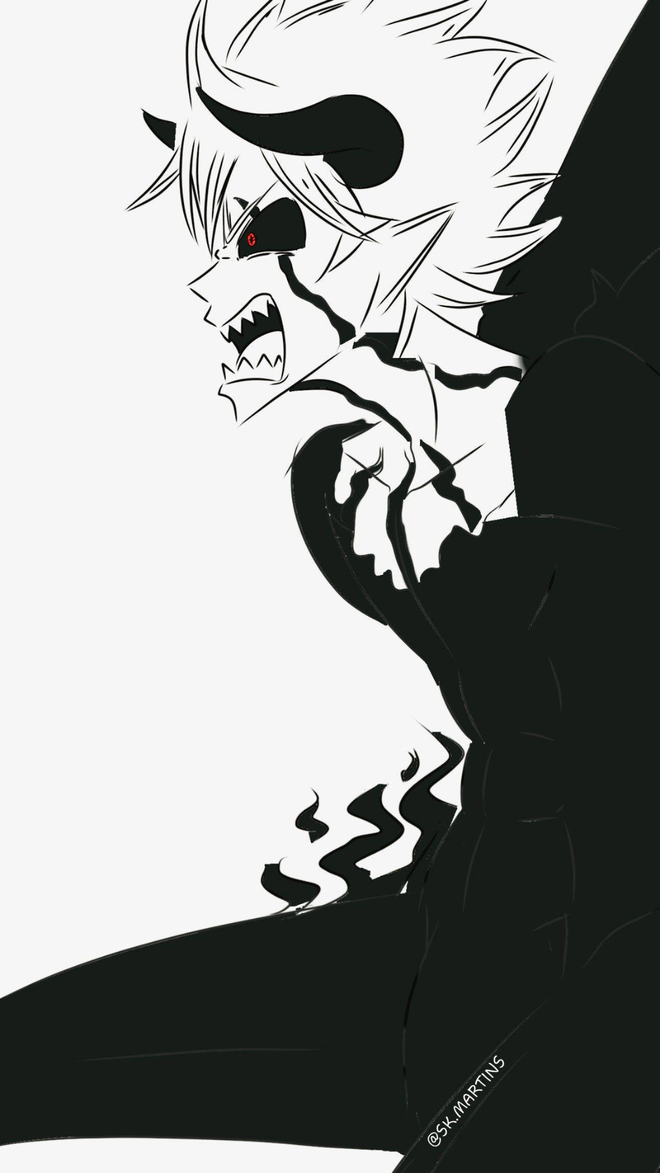 liebe black clover 桌布 壁紙 — 一個風格化的動漫惡魔，白髮、黑角、紅眼，在純白背景上咆哮。