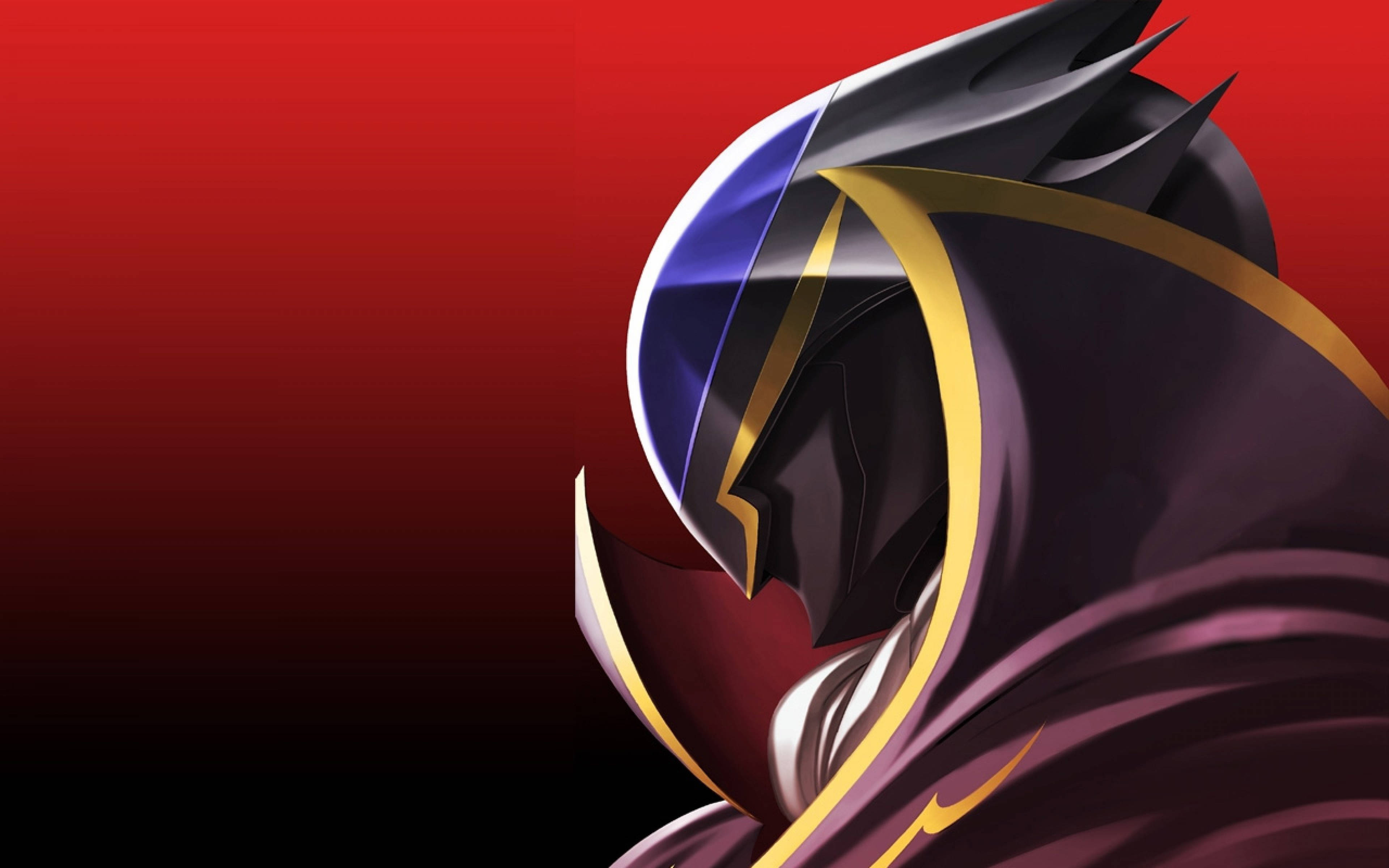 lelouch lamperouge 桌布 壁紙 — 一個風格化的動漫戰士，戴著深色頭盔和金色鑲邊的斗篷，背景是漸變紅色。