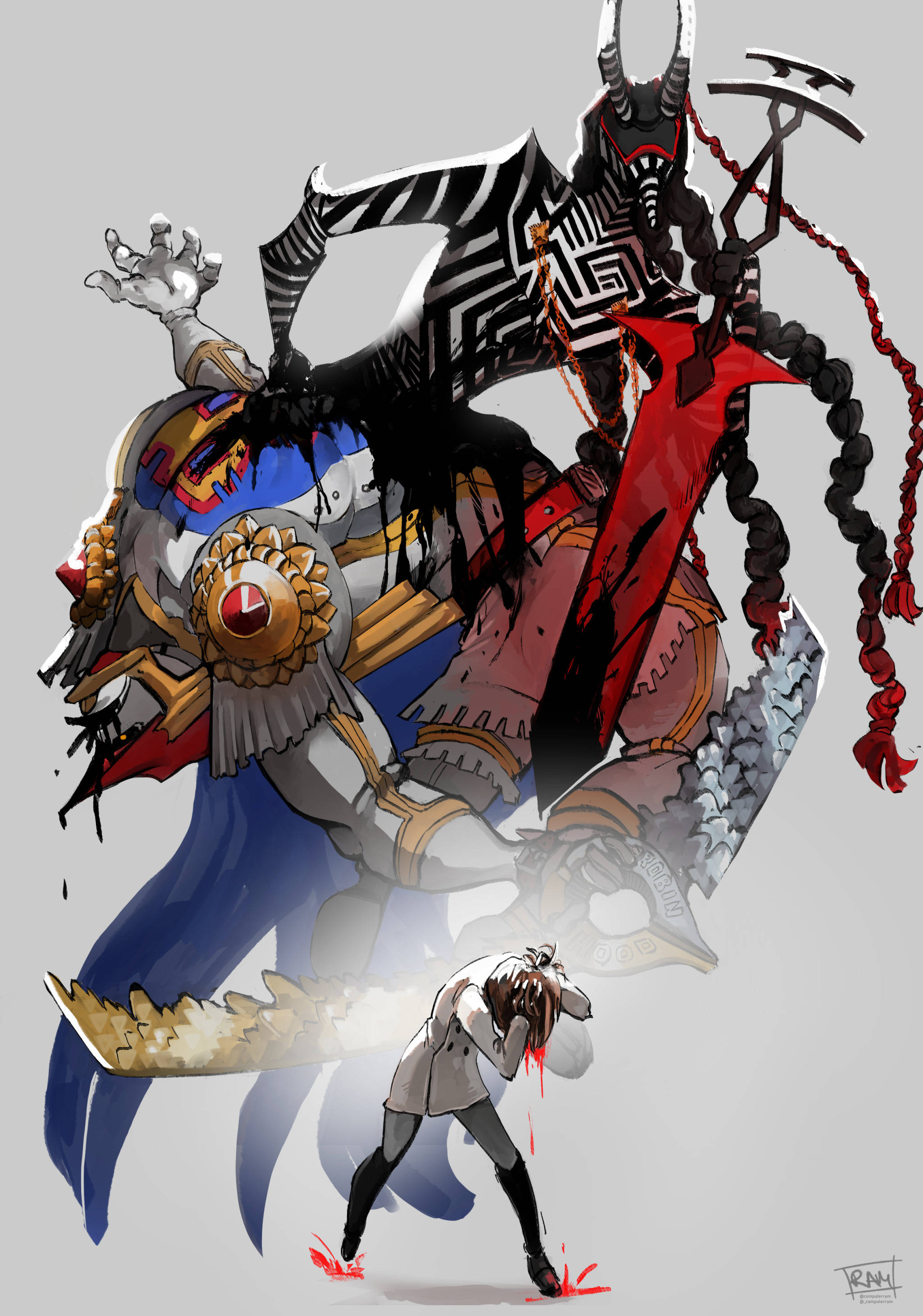 Royal 桌布 壁紙 — 一個風格化的動漫戰士，手持巨大的華麗劍和惡魔角，在純灰色背景上俯瞰一個流血的小人物。
