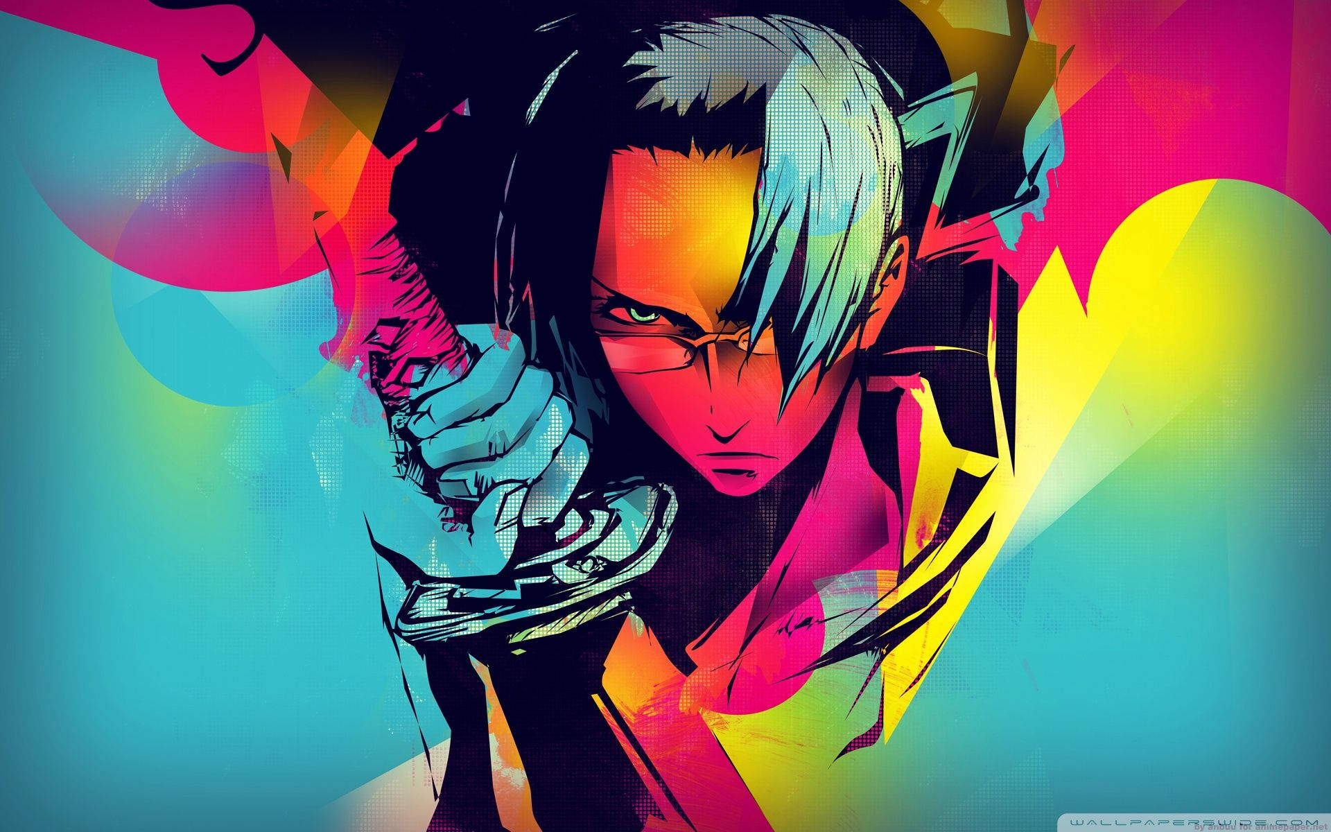 Samurai Champloo 桌布 壁紙 — 一個風格化的動漫戰士，擁有半藍半橙的頭髮，在粉紅、黃色和青綠色的鮮豔抽象背景中握著一把劍。