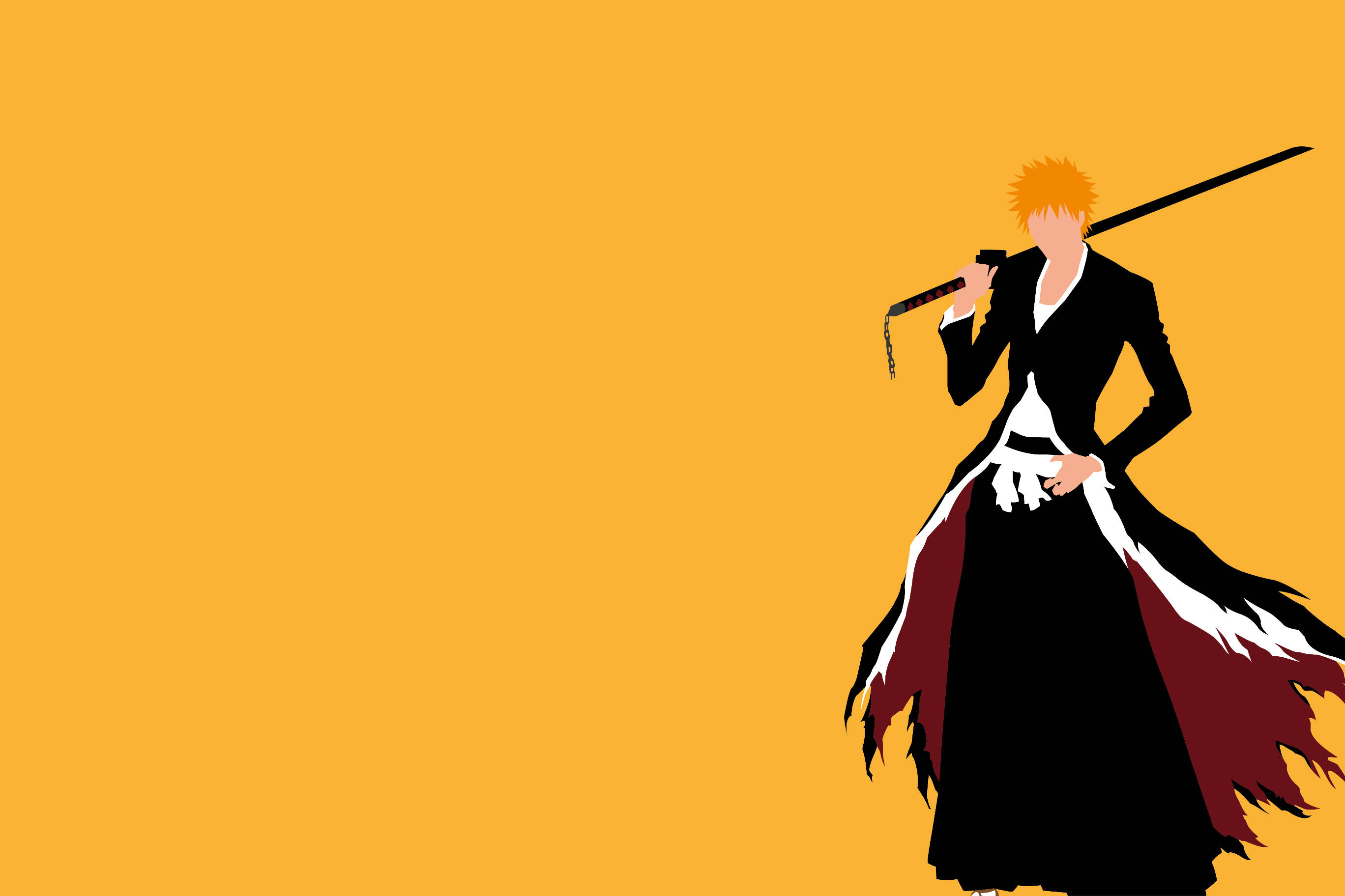 Bankai 桌布 壁紙 — 一個風格化的動漫戰士，擁有尖刺的橙色頭髮和黑白長袍，在純橙色背景前握著一把劍。
