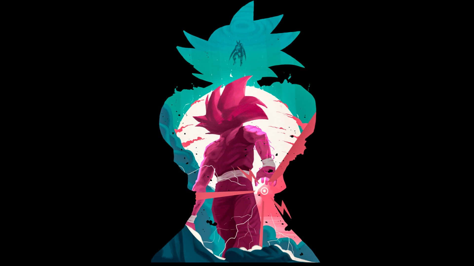 kid goku 桌布 壁紙 — 一個風格化的動漫戰士，擁有尖刺的紅髮和閃電效果，站在一個較大角色的青綠色剪影前。