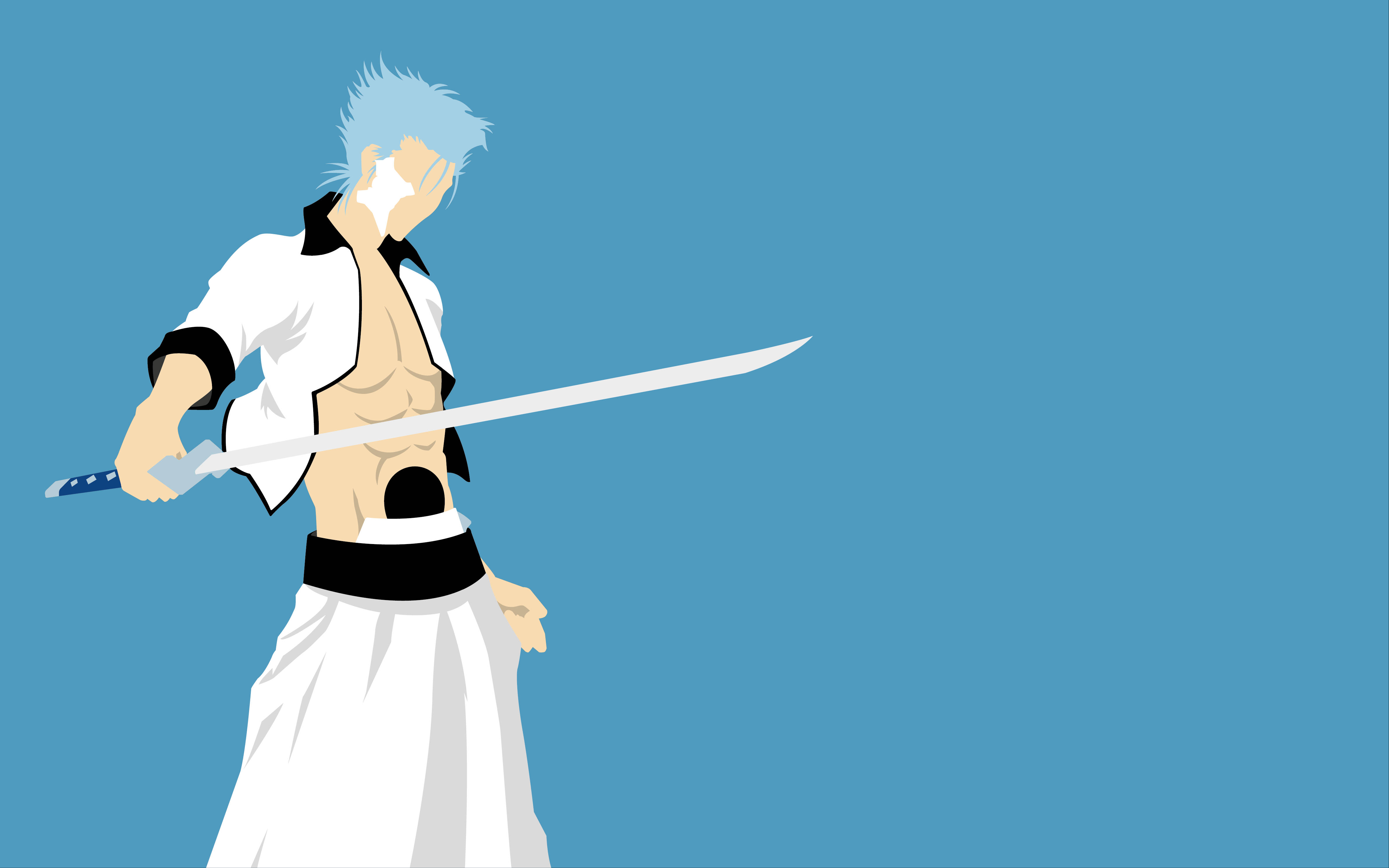 Grimmjow 桌布 壁紙 — 一個風格化的動漫戰士，擁有尖刺的藍色頭髮，在純藍色背景前揮舞著一把長劍。