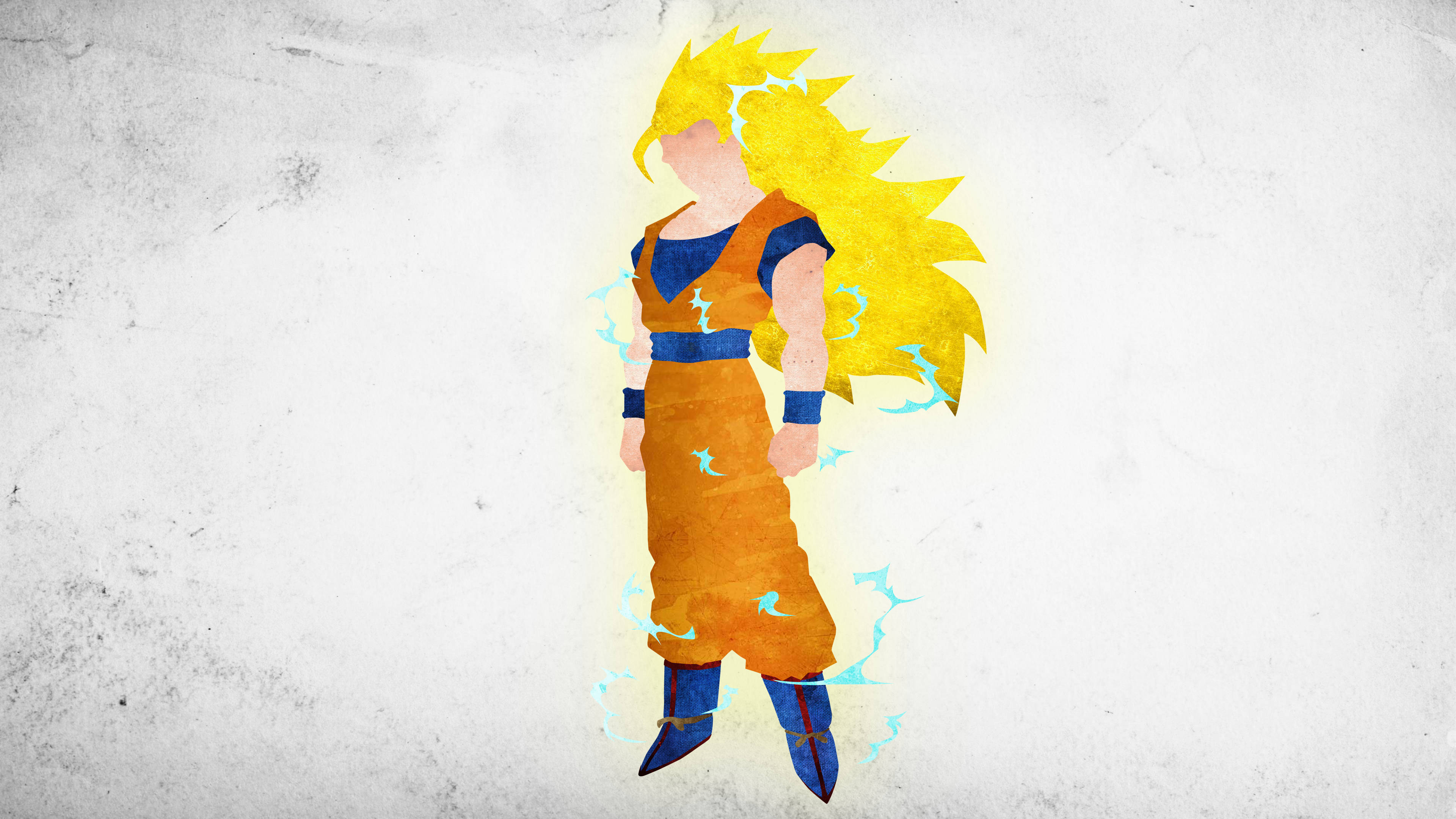 Goku Ssj3 桌布 壁紙 — 一個風格化的動漫戰士，擁有尖刺的黃色頭髮和藍色閃電光環，穿著橙色和藍色的道服，站在有紋理的白色背景前。