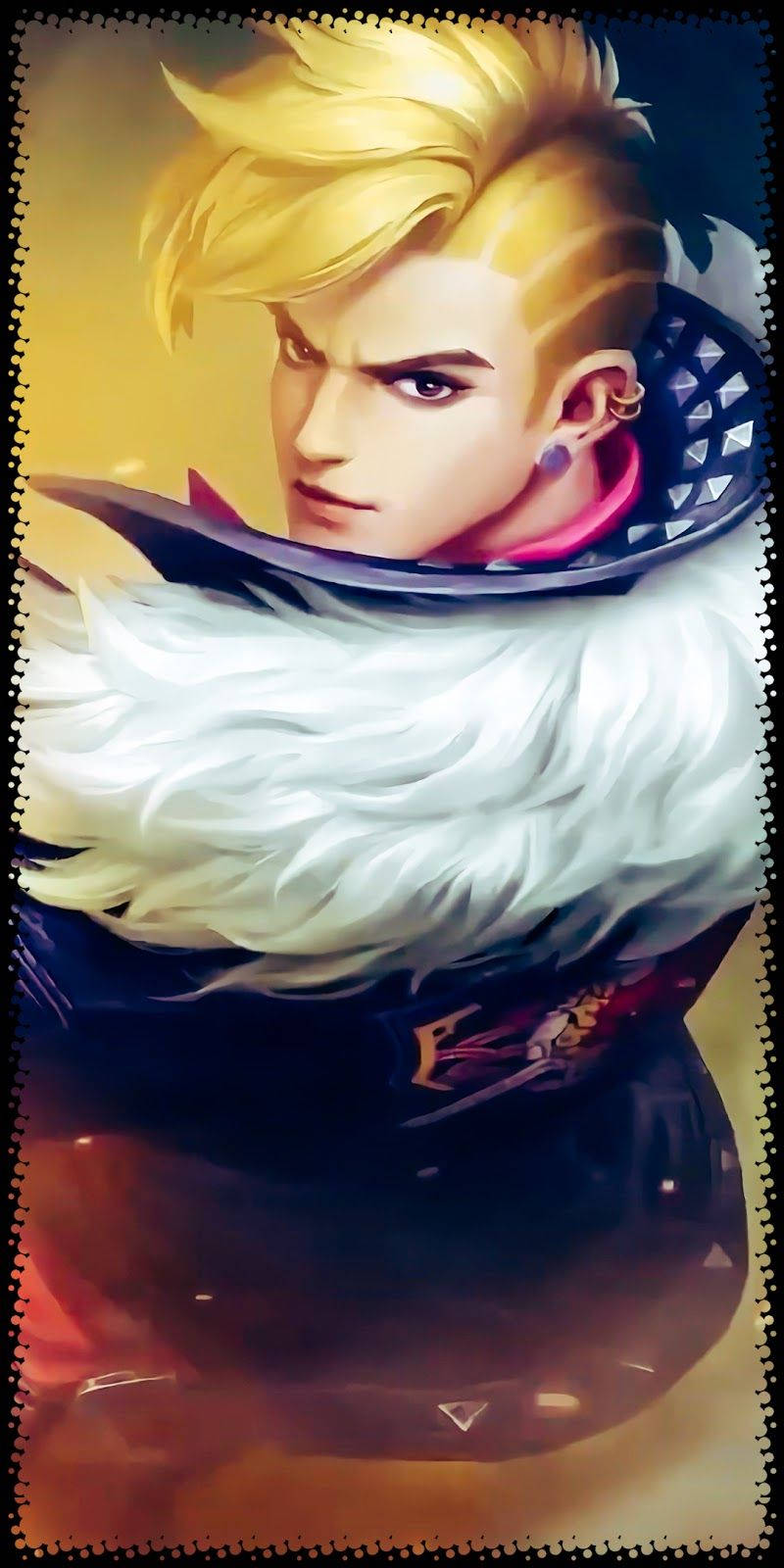 Mobile Legends 動態圖 桌布 壁紙 — 一個風格化的動漫戰士，擁有尖刺金髮和白色毛領，在溫暖的金色背景下凝視著。