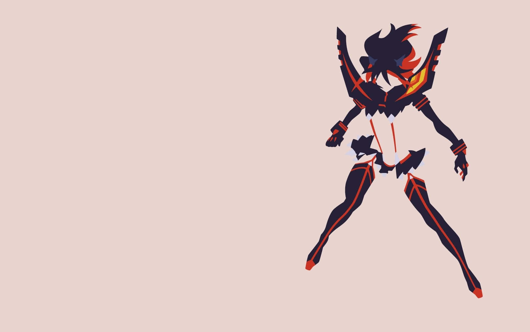 Kill La Kill Senketsu 桌布 壁紙 — 一個風格化的動漫戰士，擁有火焰般的頭髮和紅色點綴，在柔和的粉紅色背景上動態站立。